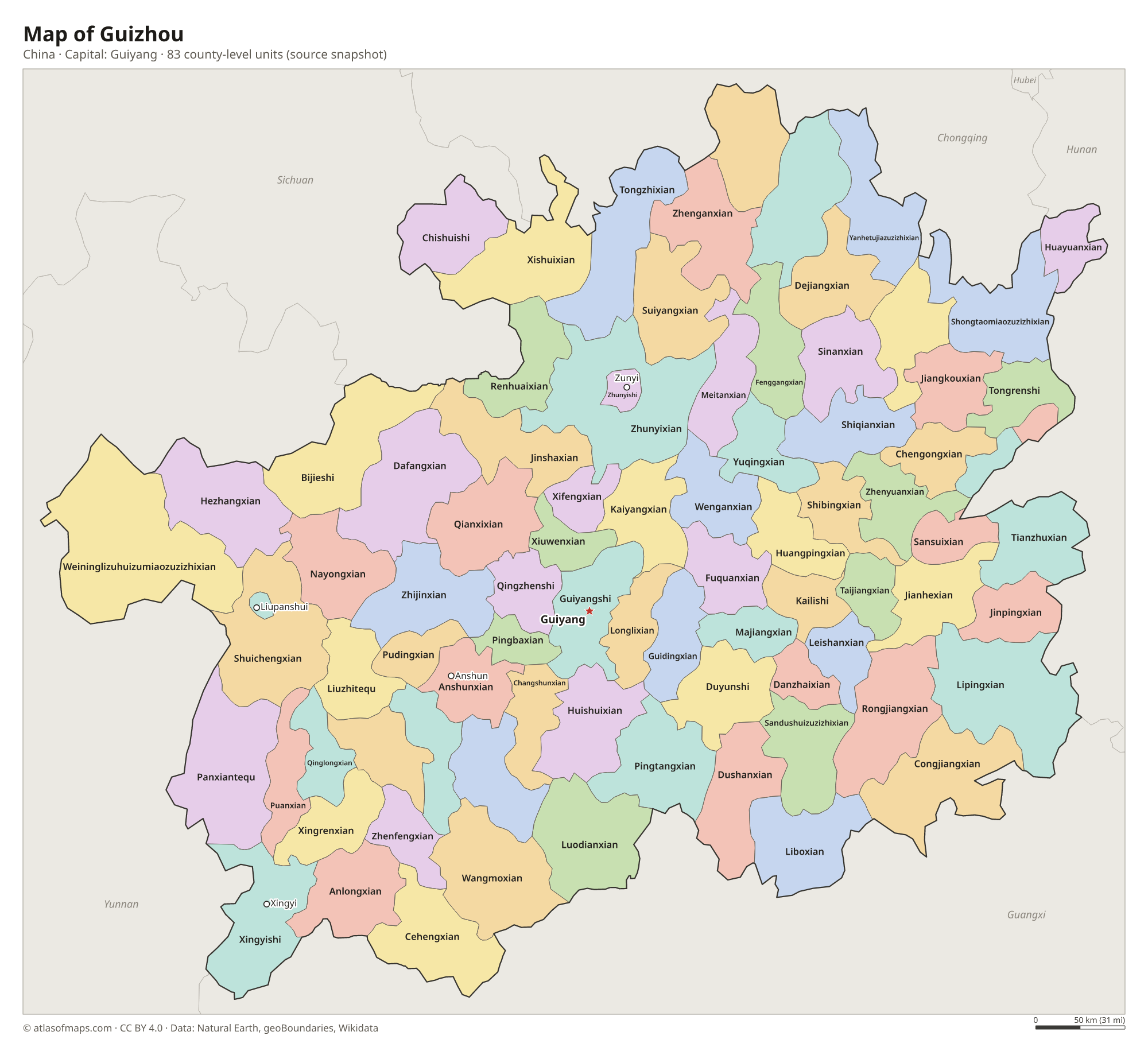 Map of Guizhou with the capital Guiyang, cities and county-level units