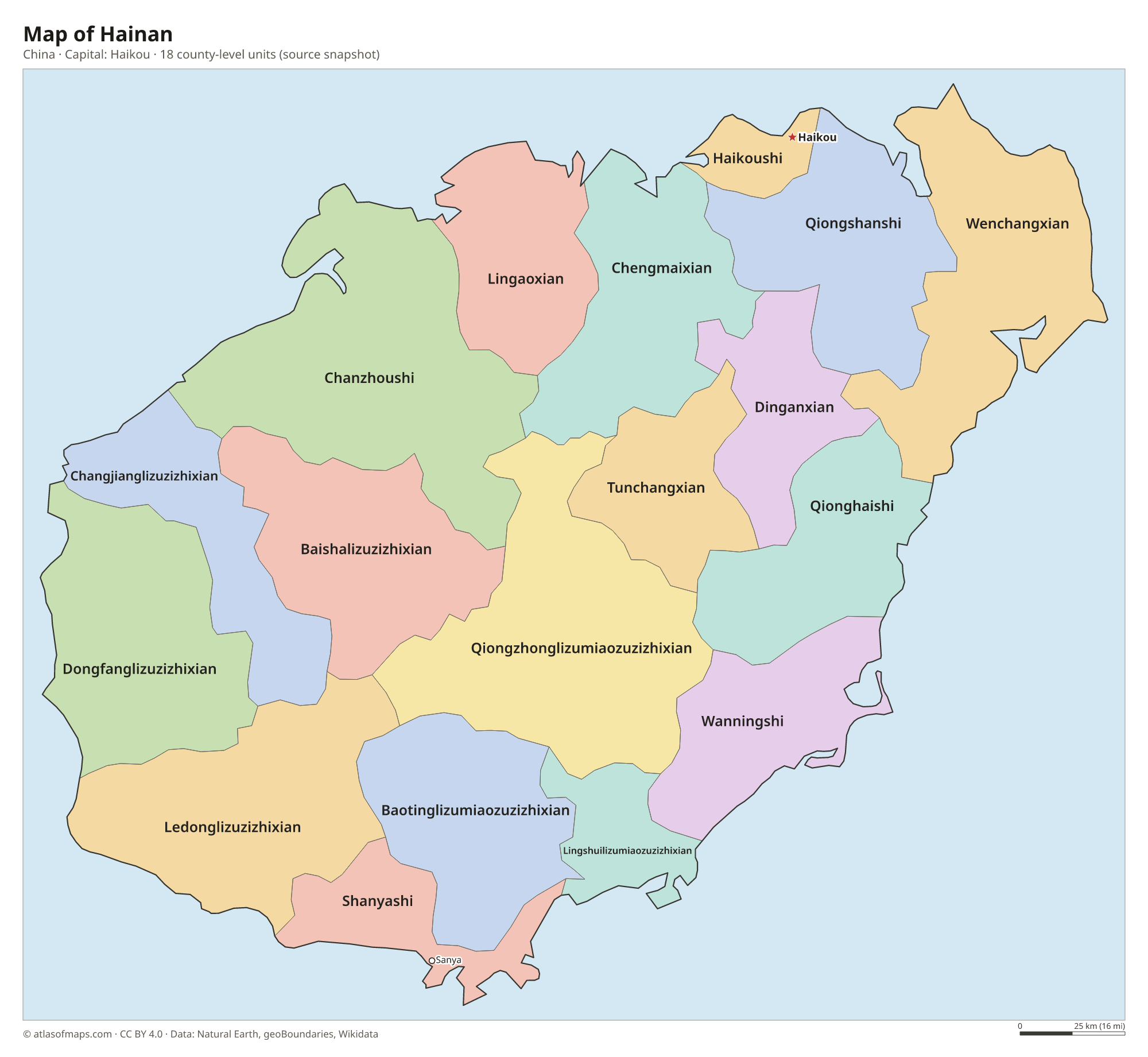 Map of Hainan with the capital Haikou, cities and county-level units