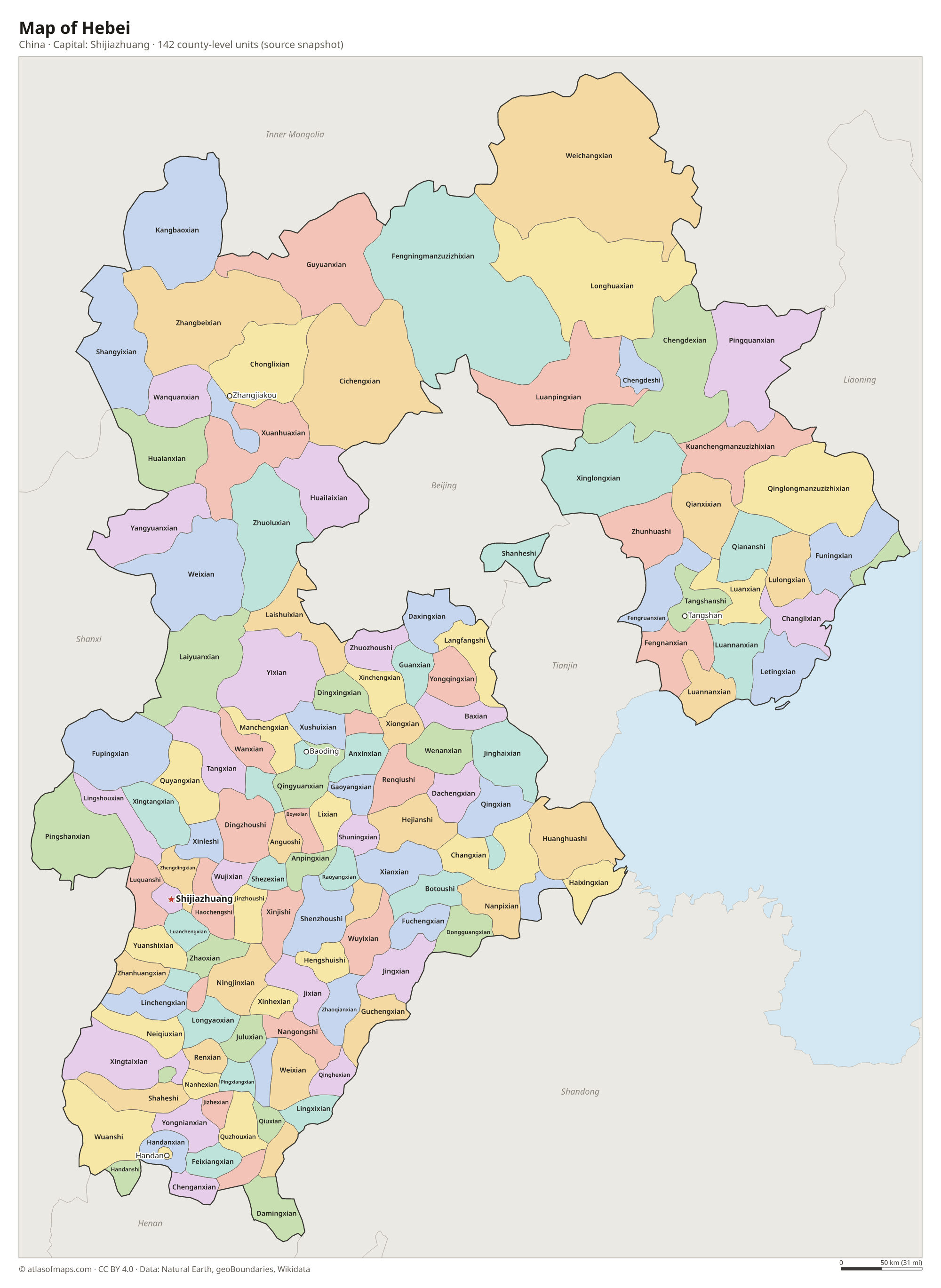 Map of Hebei with the capital Shijiazhuang, cities and county-level units