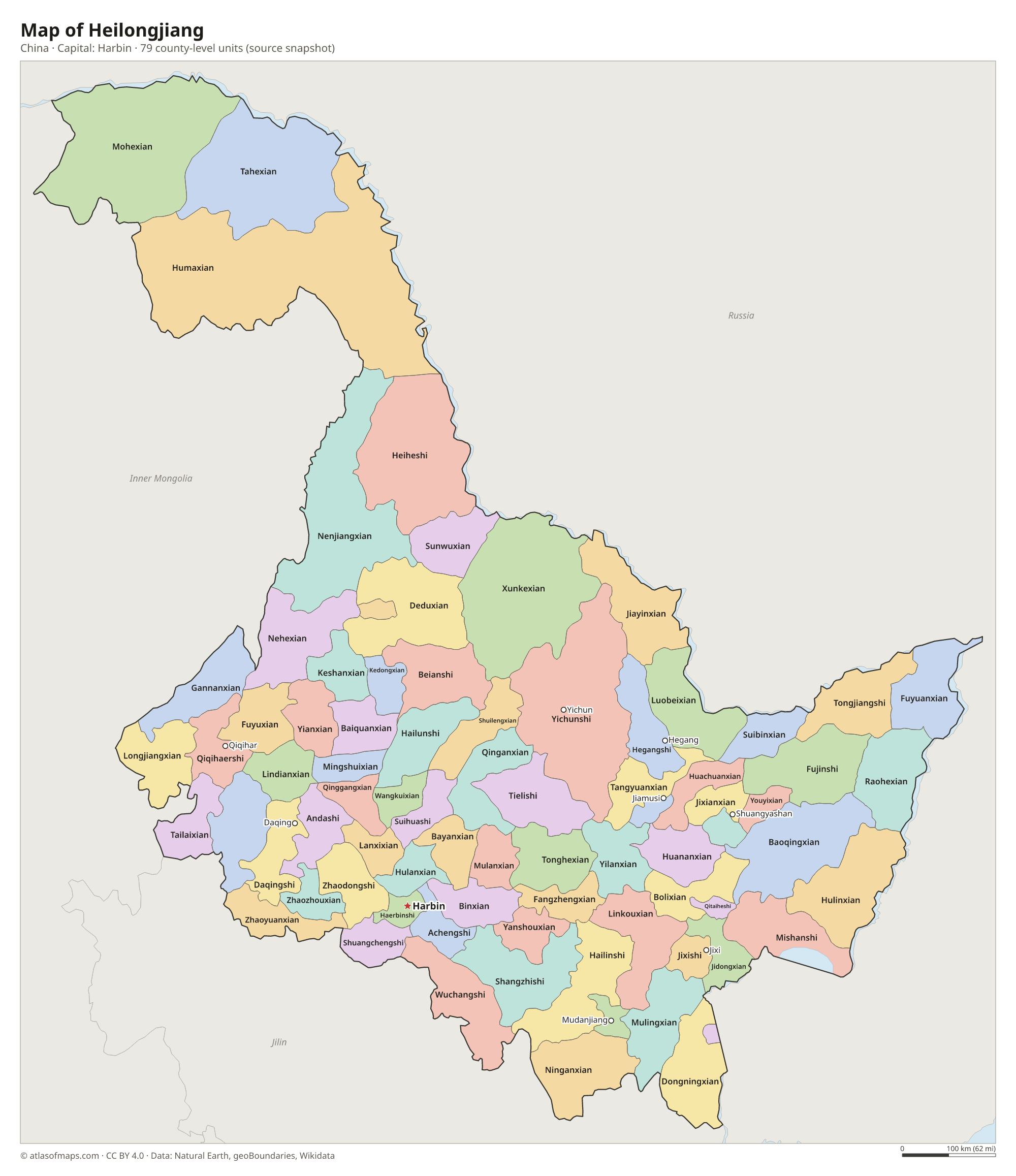 Map of Heilongjiang with the capital Harbin, cities and county-level units