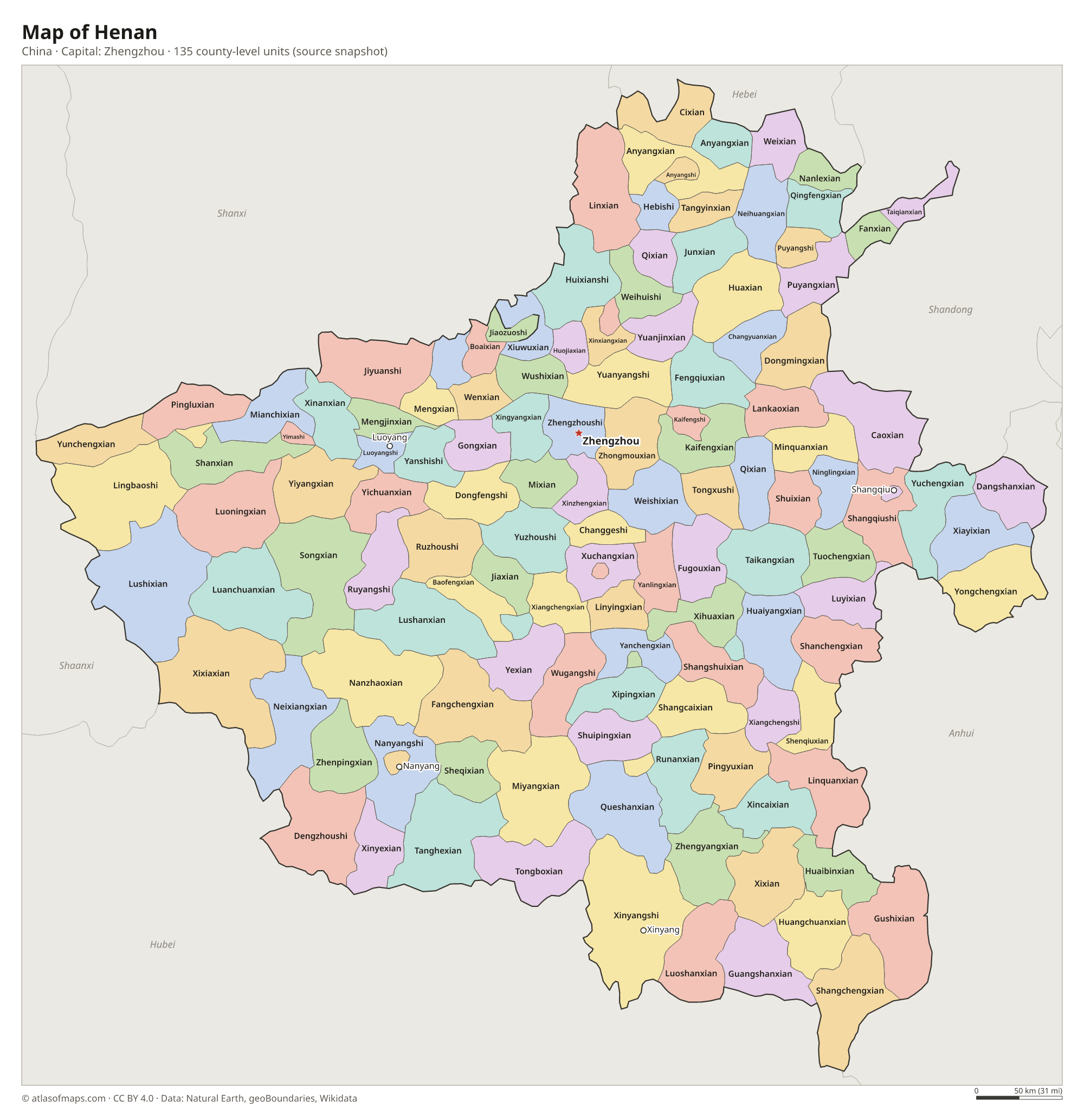 Map of Henan with the capital Zhengzhou, cities and county-level units