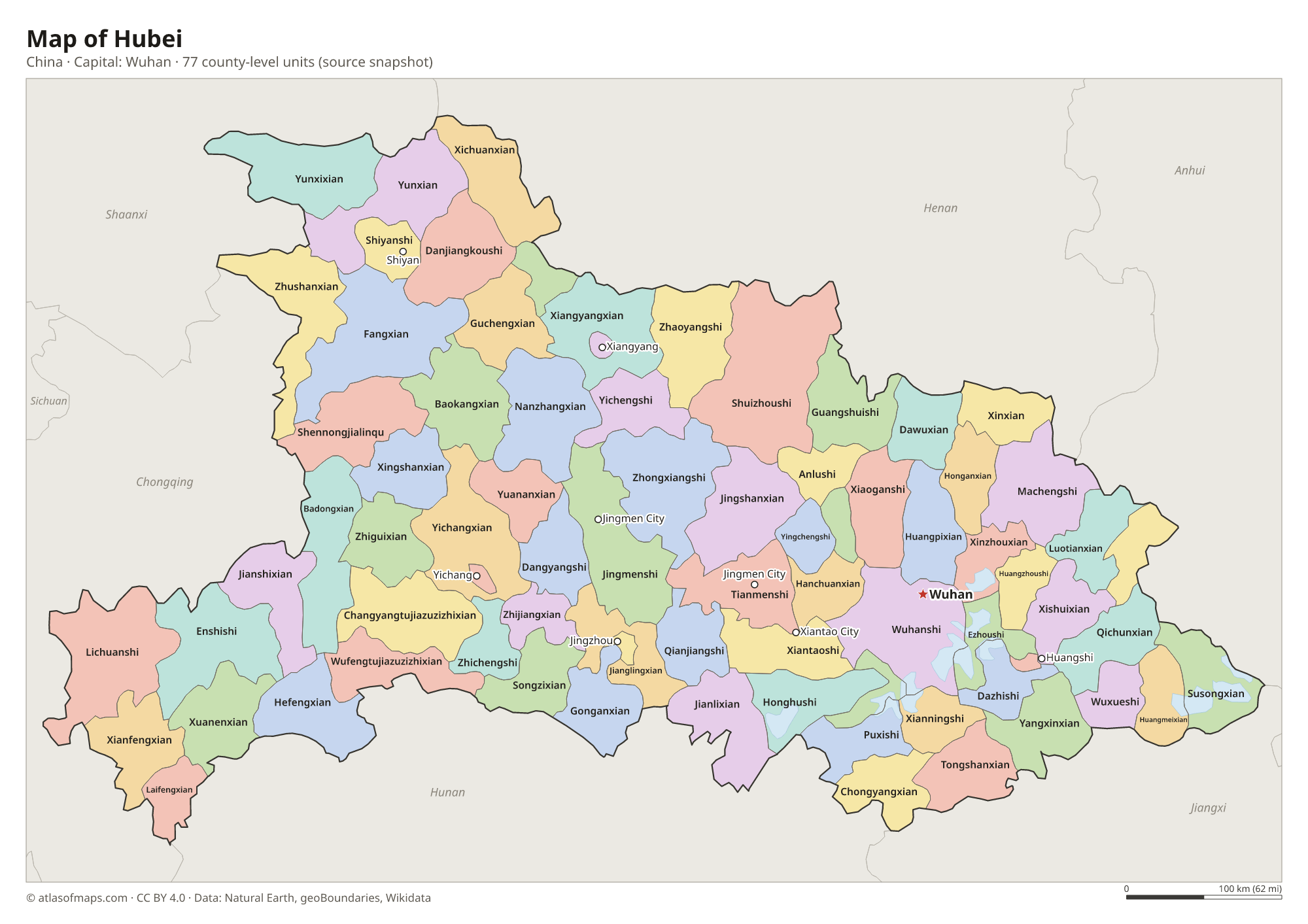 Map of Hubei with the capital Wuhan, cities and county-level units