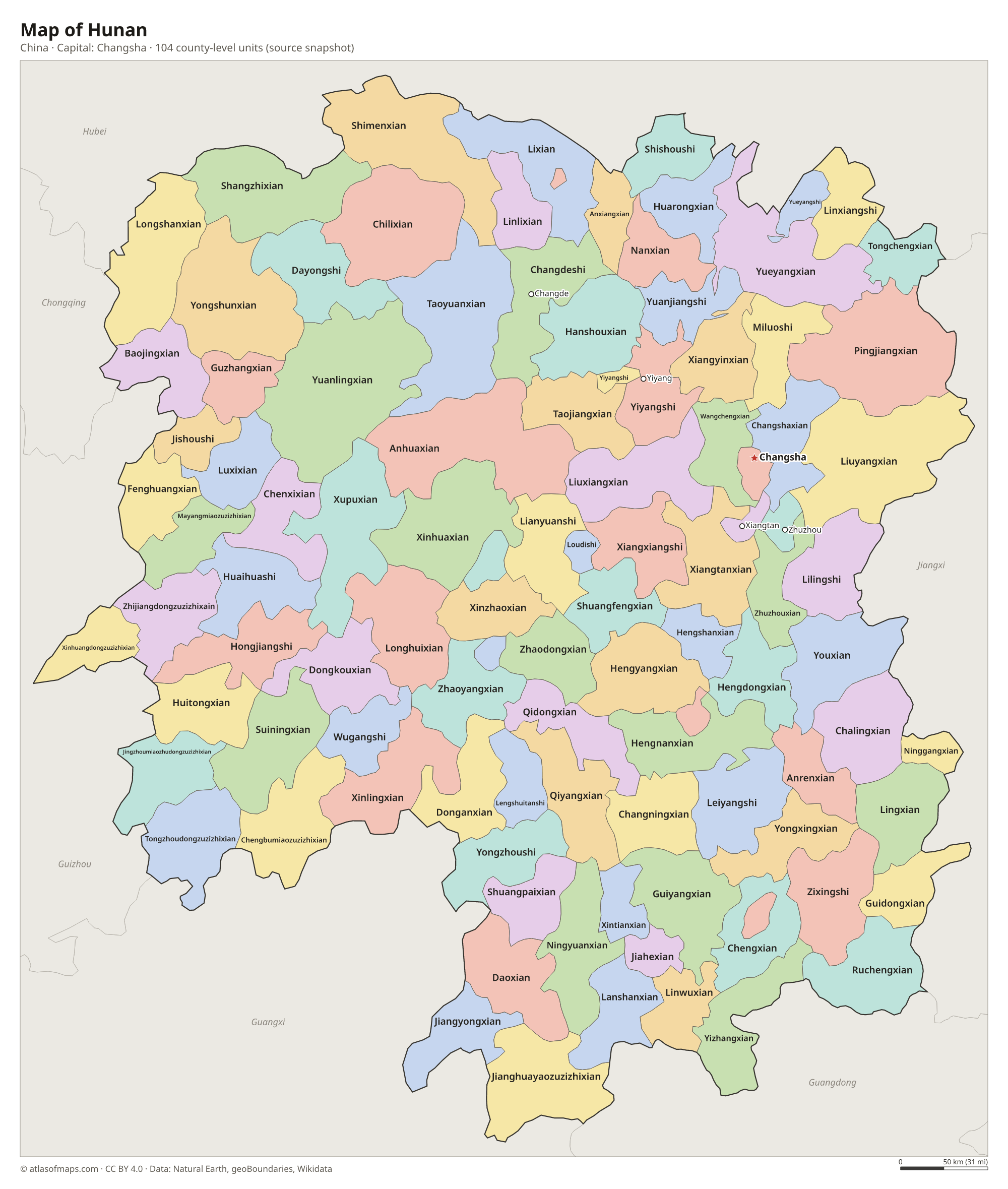 Map of Hunan with the capital Changsha, cities and county-level units