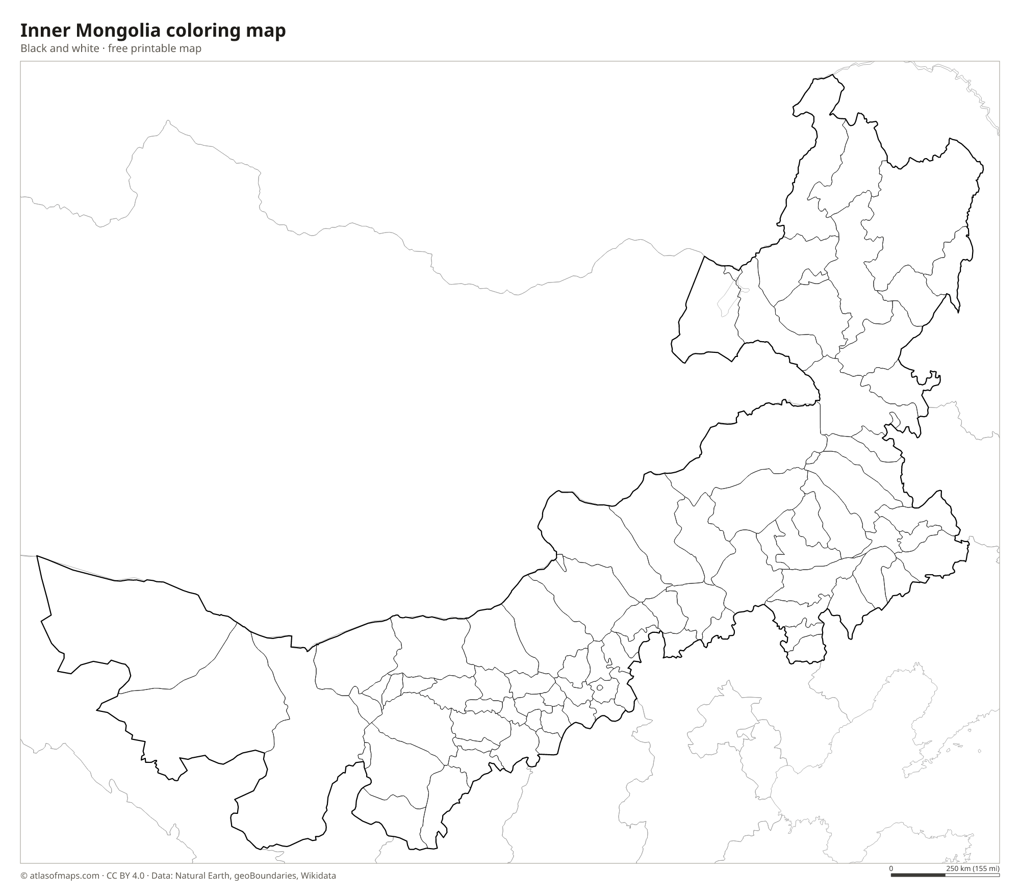 Black-and-white coloring map of Inner Mongolia