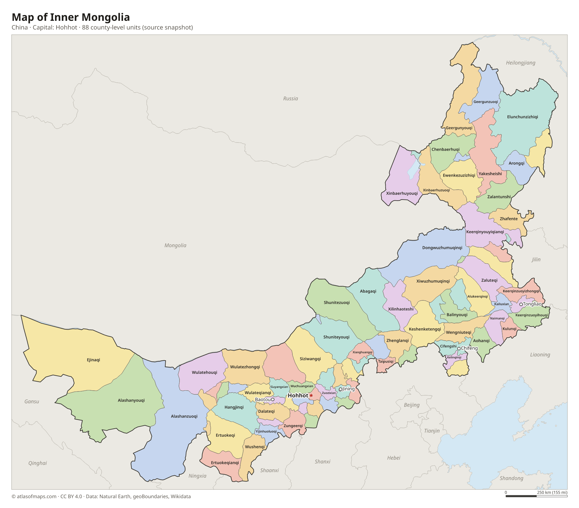 Map of Inner Mongolia with the capital Hohhot, cities and county-level units