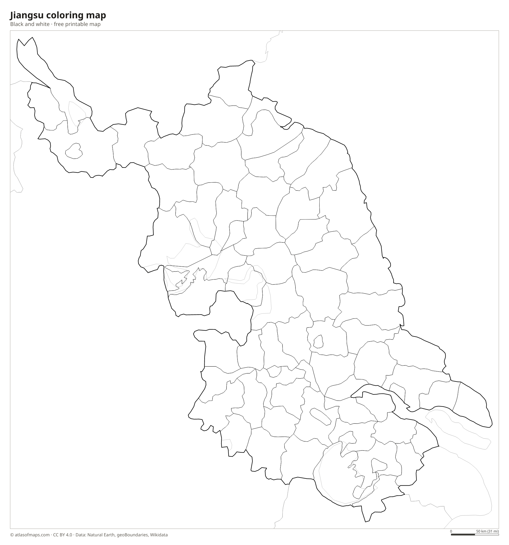 Black-and-white coloring map of Jiangsu