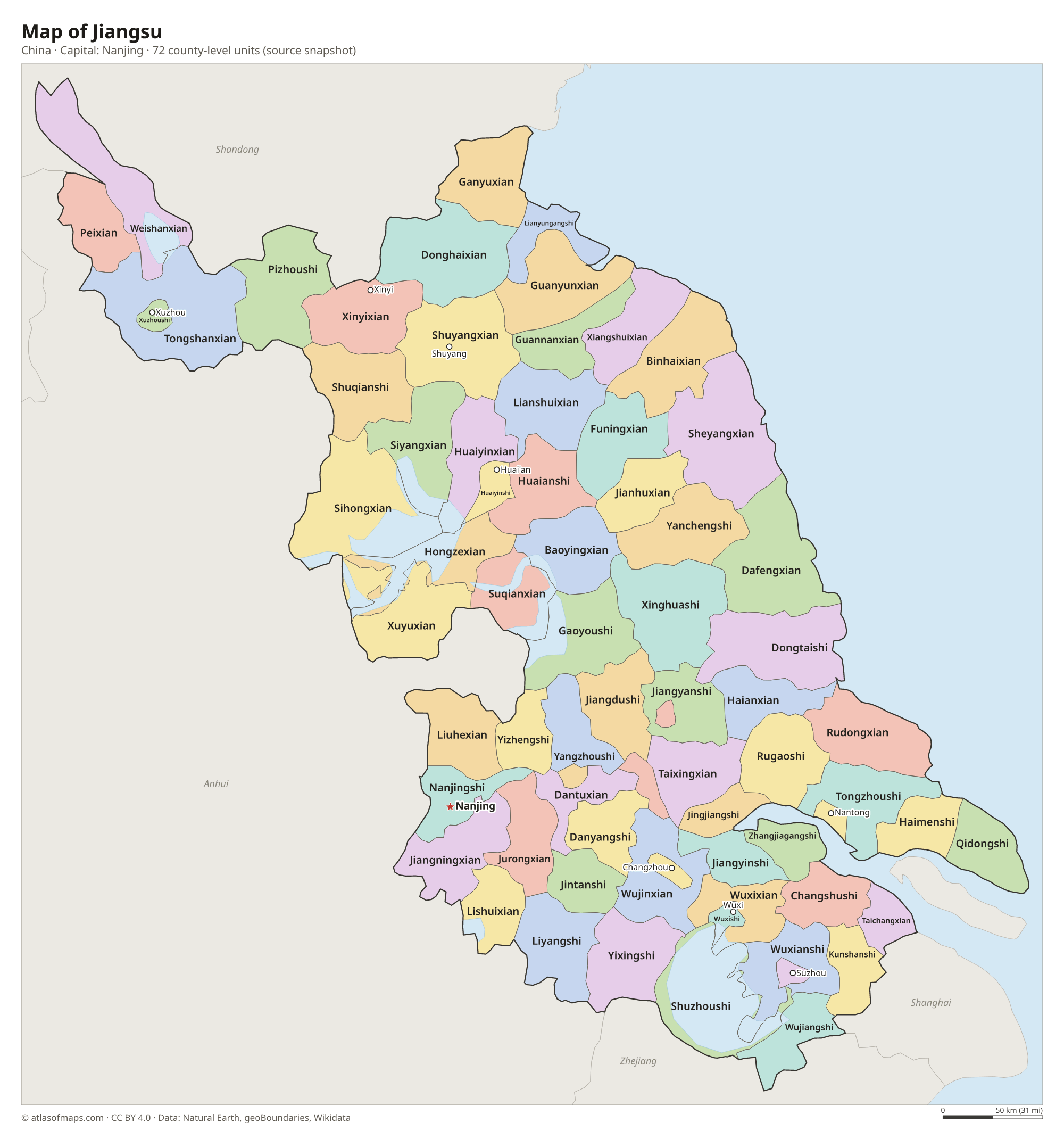 Map of Jiangsu with the capital Nanjing, cities and county-level units