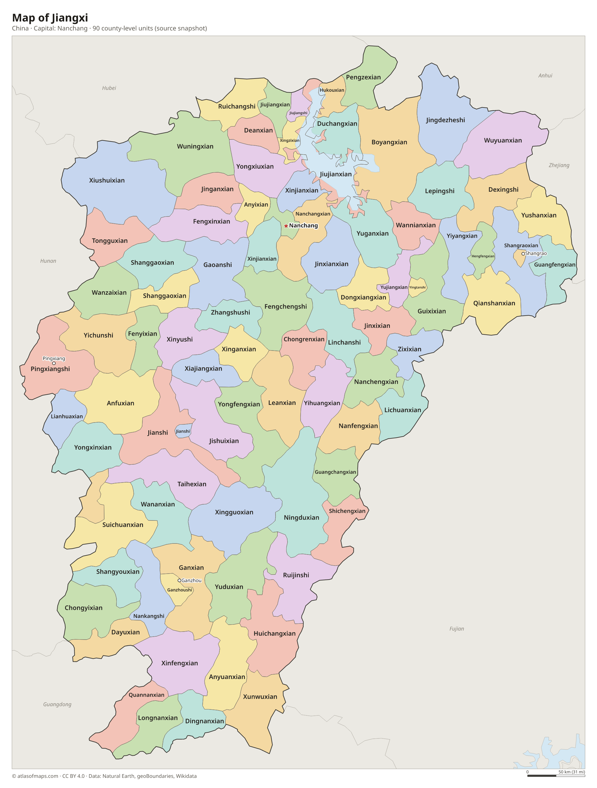 Map of Jiangxi with the capital Nanchang, cities and county-level units