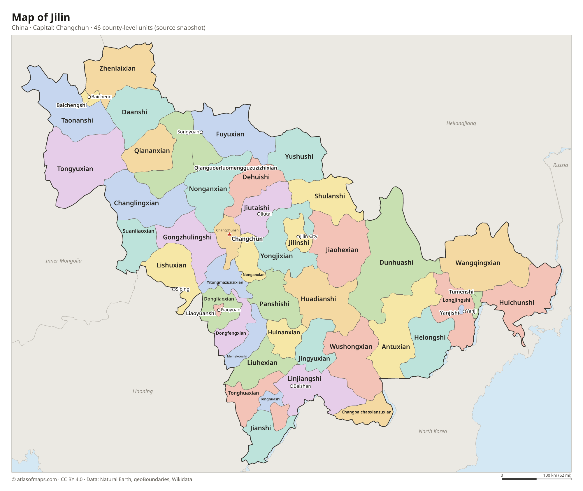 Map of Jilin with the capital Changchun, cities and county-level units