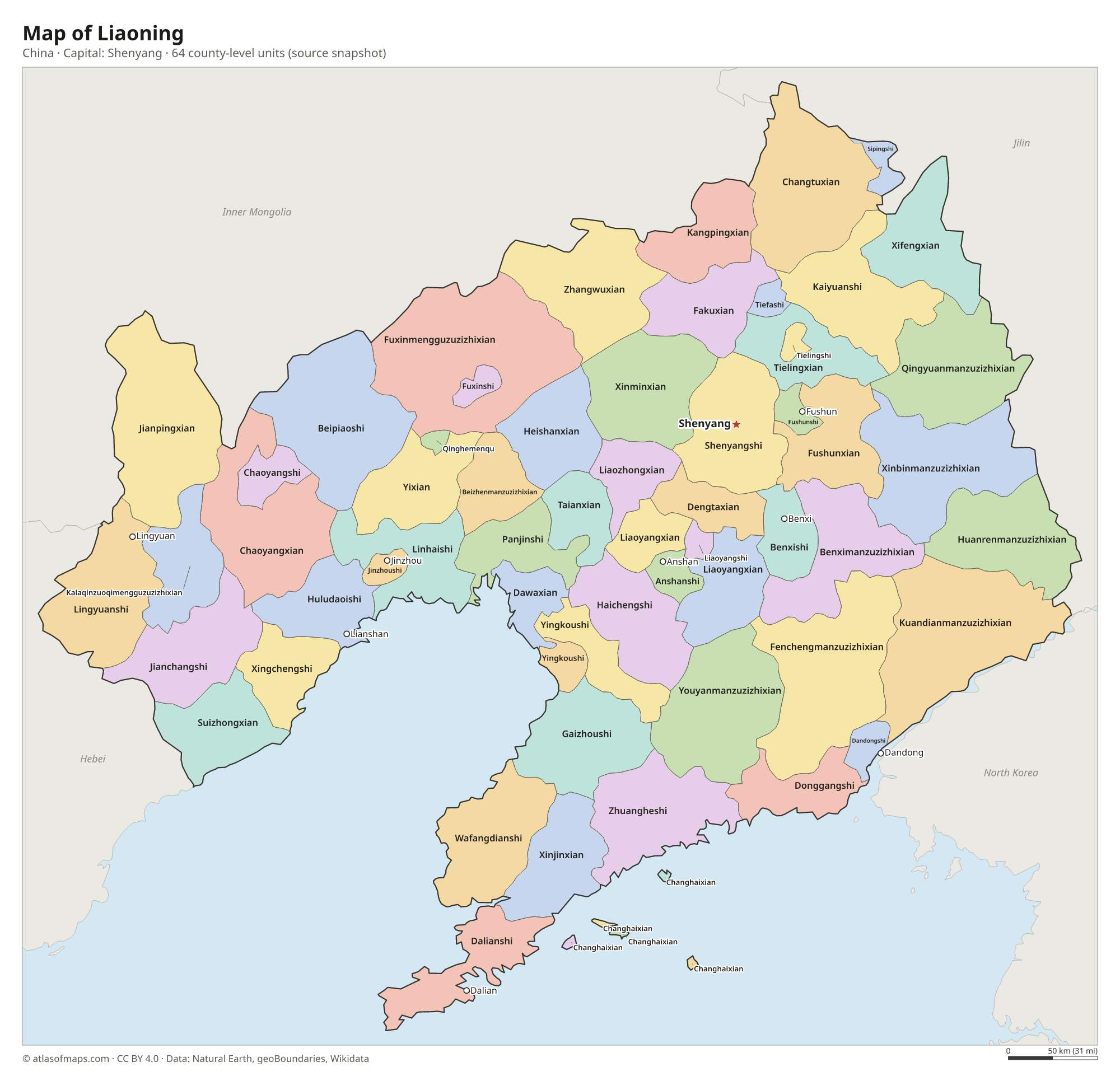 Map of Liaoning with the capital Shenyang, cities and county-level units