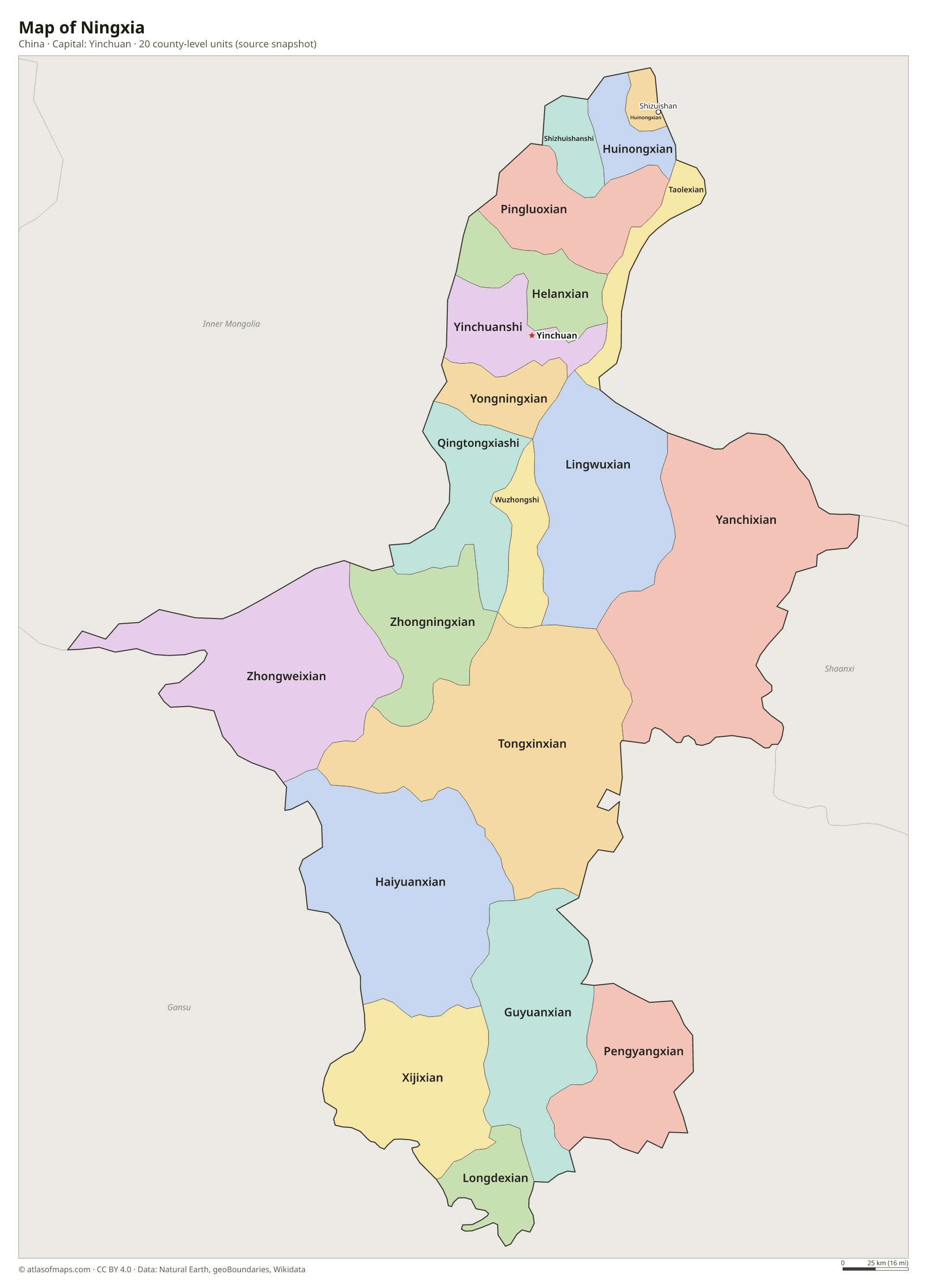 Map of Ningxia with the capital Yinchuan, cities and county-level units