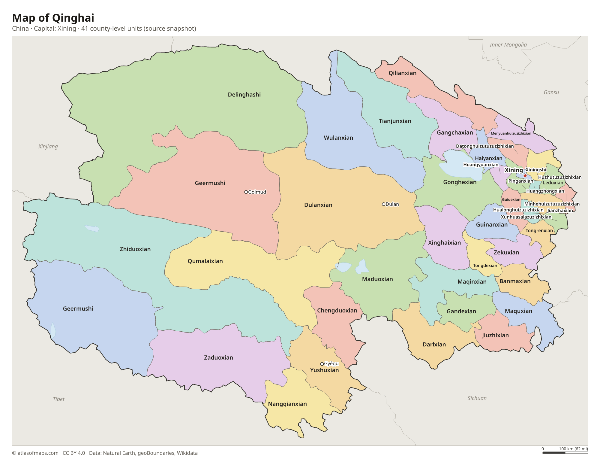 Map of Qinghai with the capital Xining, cities and county-level units