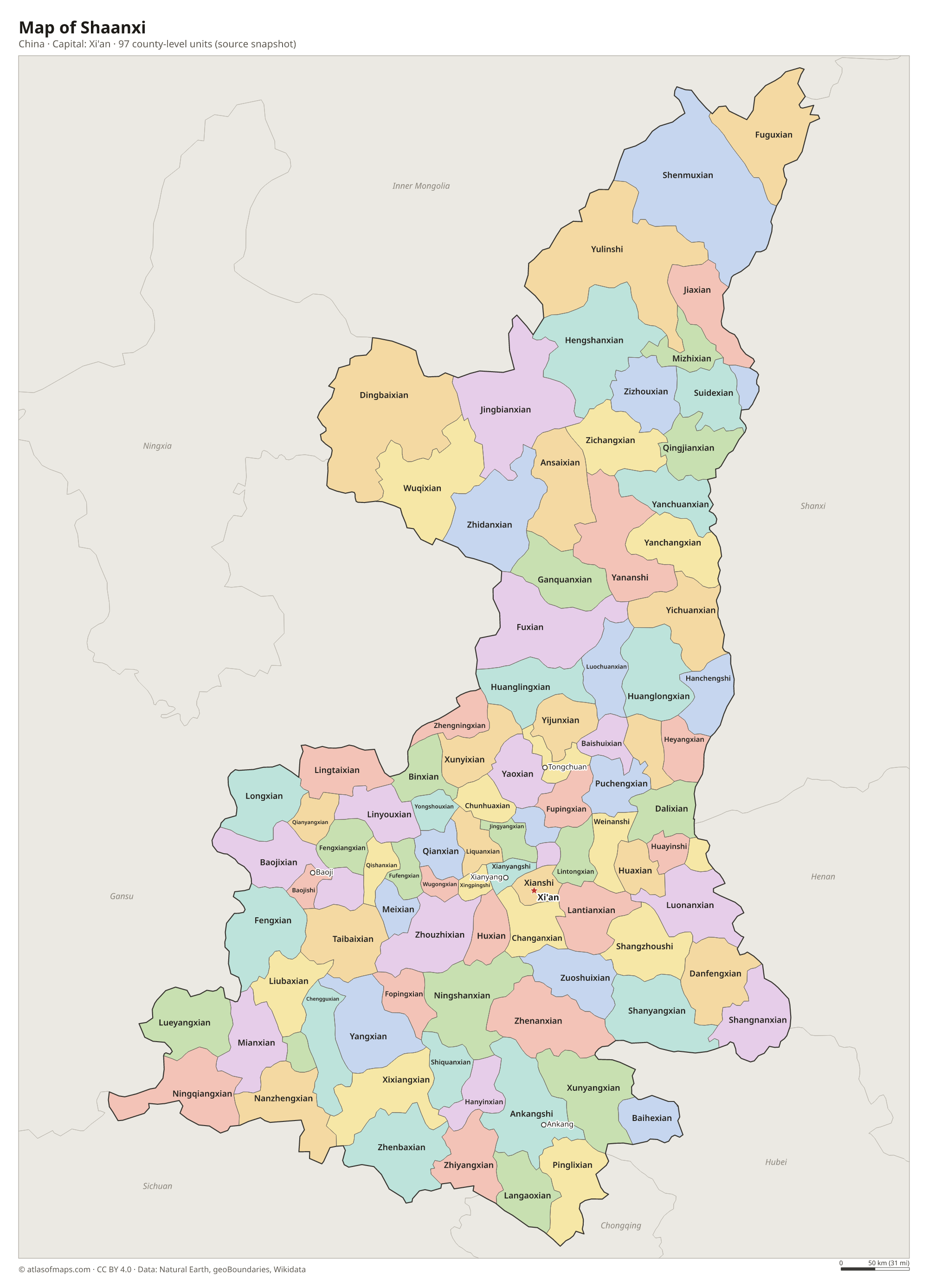 Map of Shaanxi with the capital Xi'an, cities and county-level units