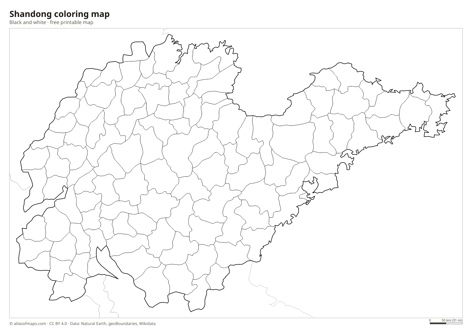 Black-and-white coloring map of Shandong