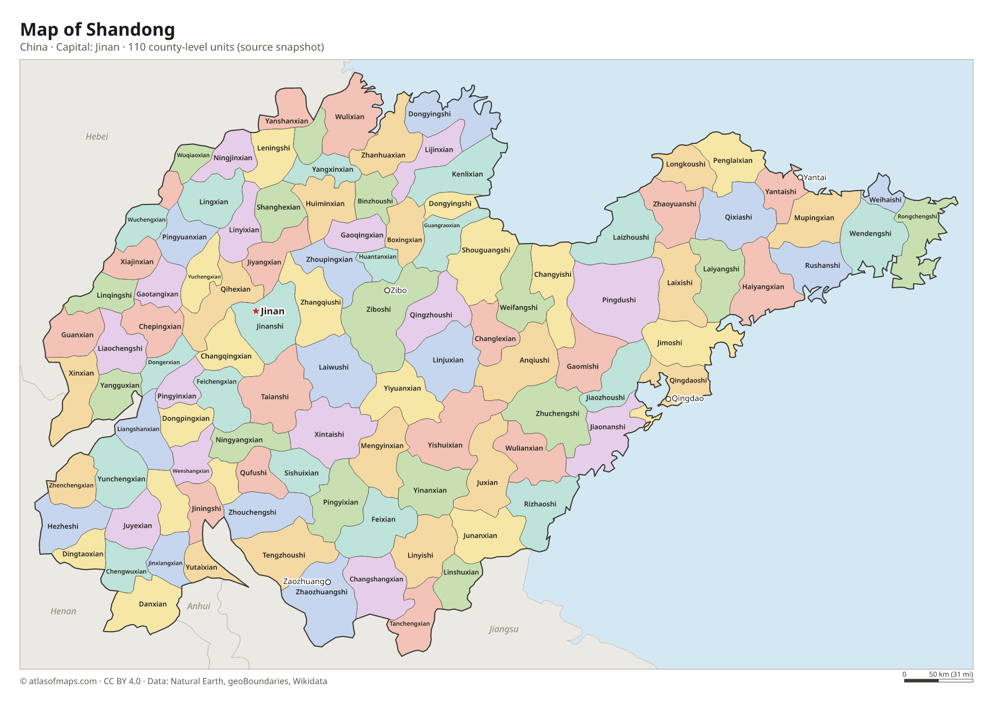 Map of Shandong with the capital Jinan, cities and county-level units