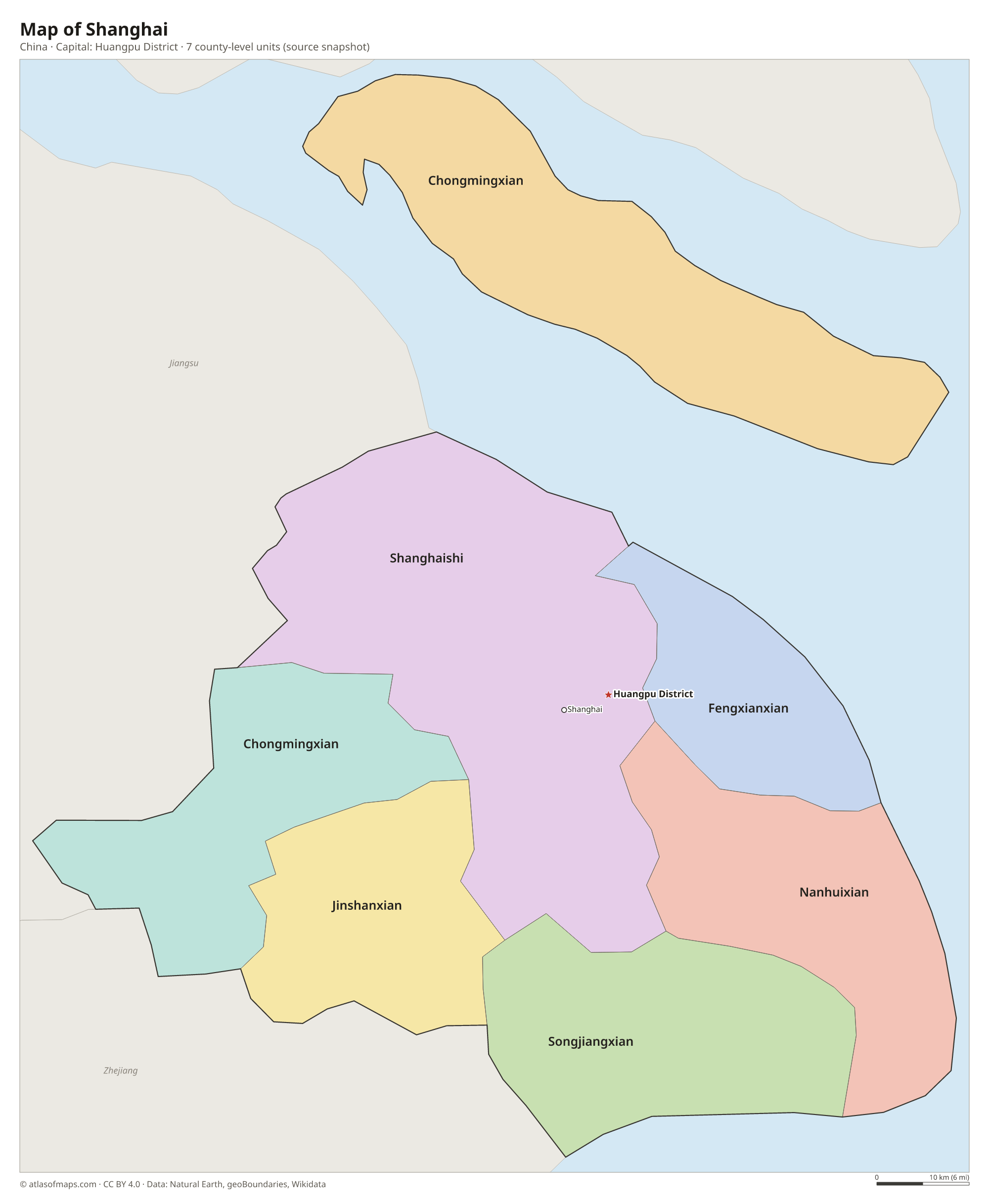 Map of Shanghai with the capital Huangpu District, cities and county-level units