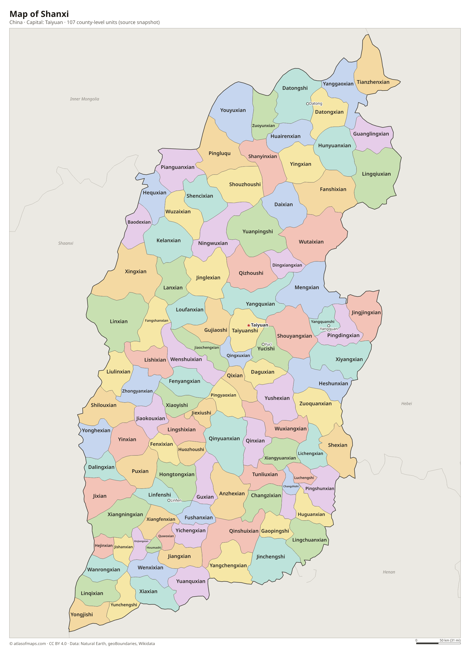Map of Shanxi with the capital Taiyuan, cities and county-level units