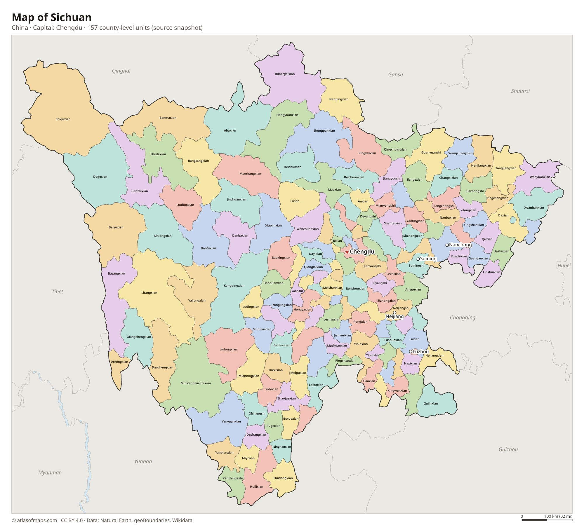 Map of Sichuan with the capital Chengdu, cities and county-level units