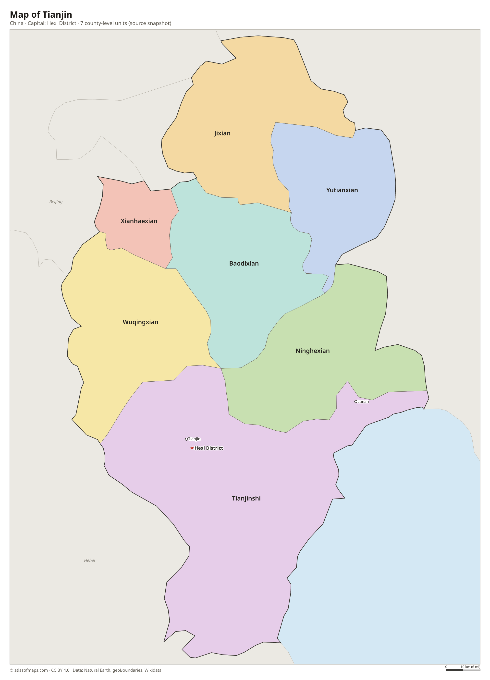 Map of Tianjin with the capital Hexi District, cities and county-level units