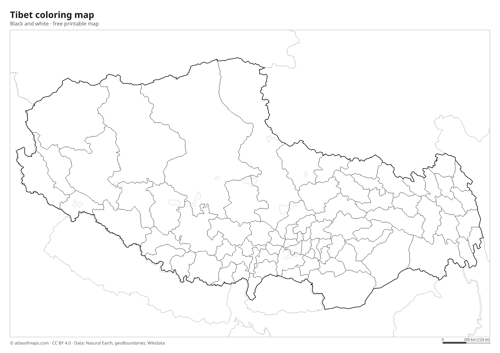 Black-and-white coloring map of Tibet