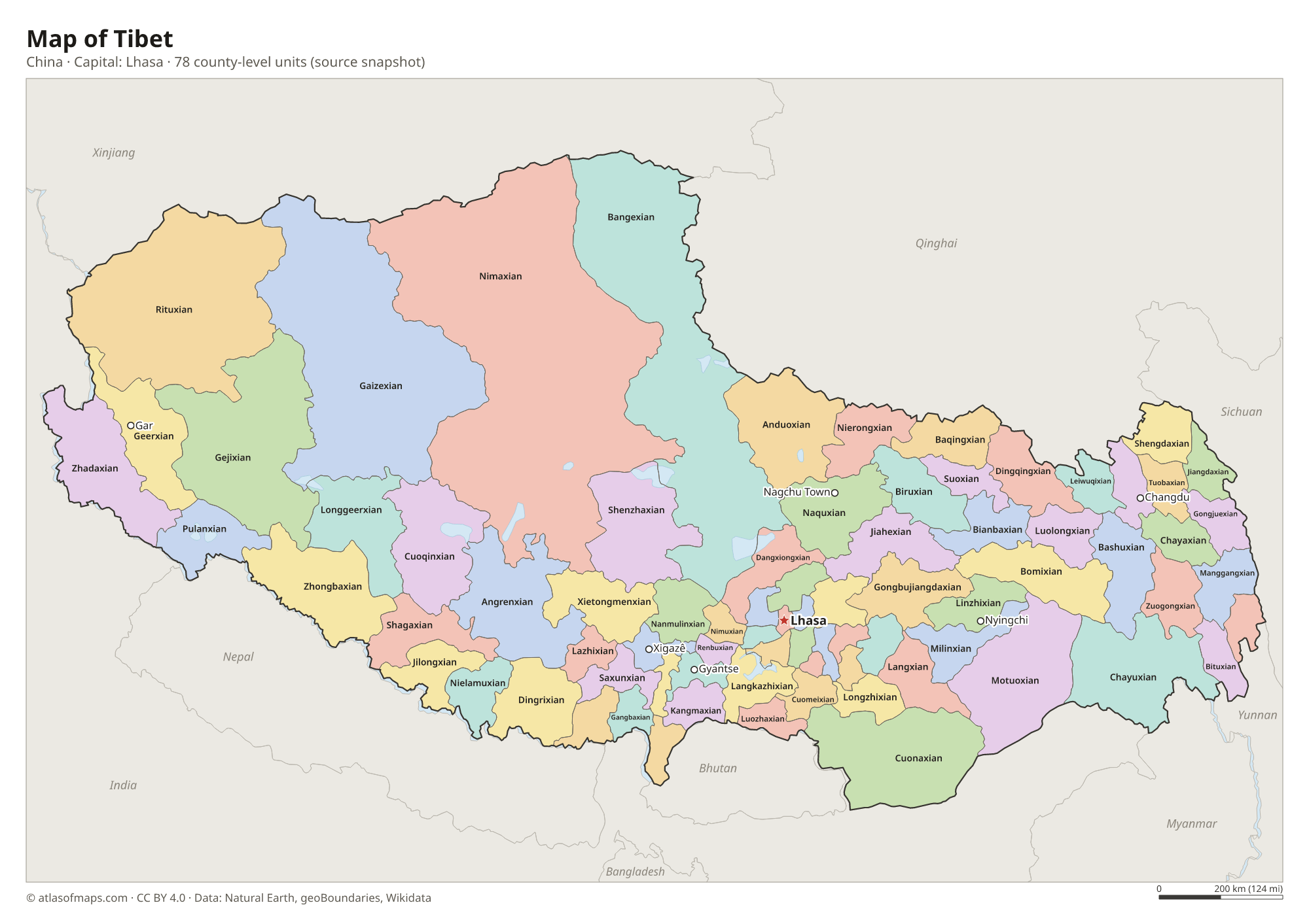 Map of Tibet with the capital Lhasa, cities and county-level units