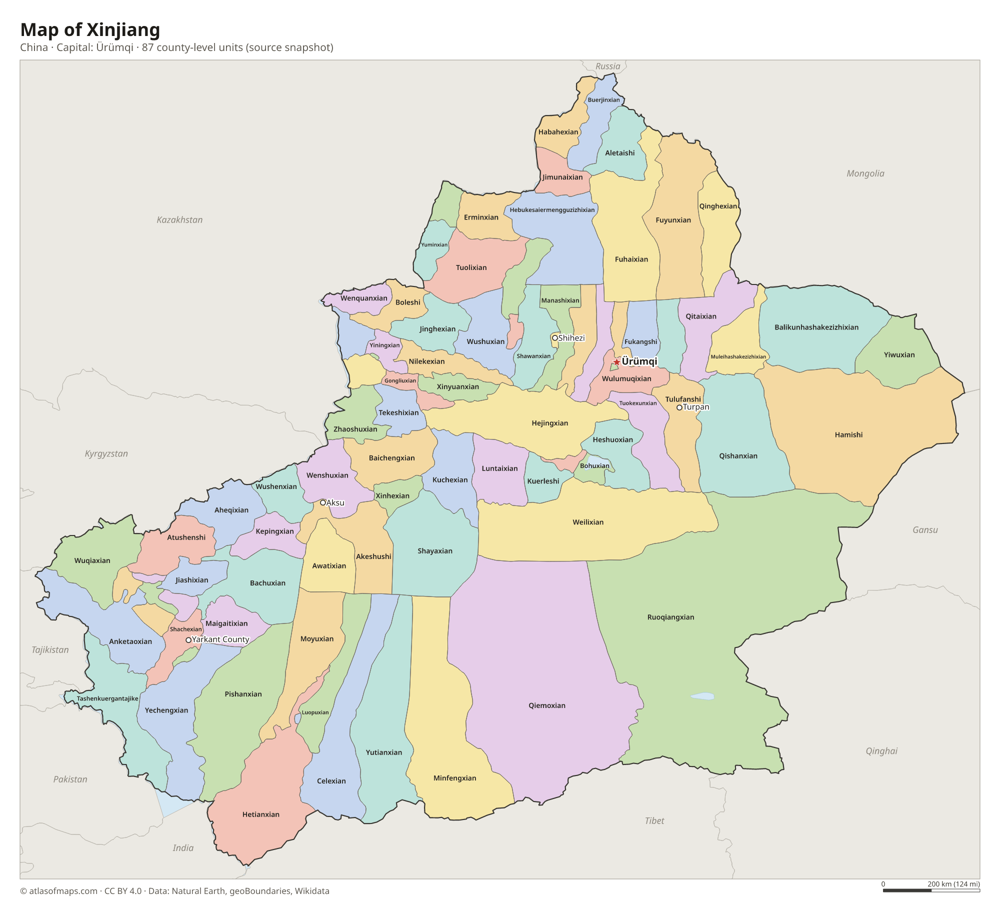Map of Xinjiang with the capital Ürümqi, cities and county-level units