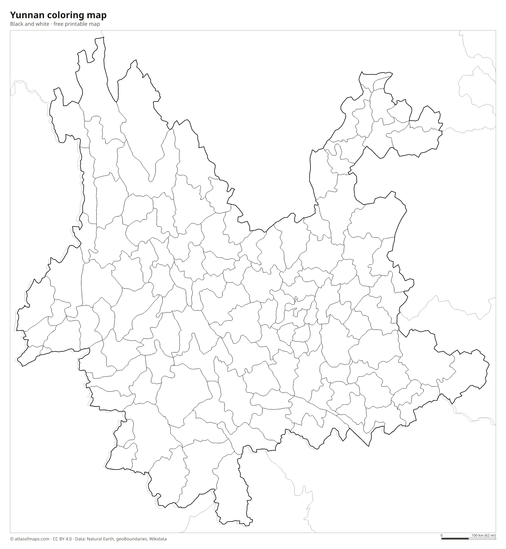 Black-and-white coloring map of Yunnan