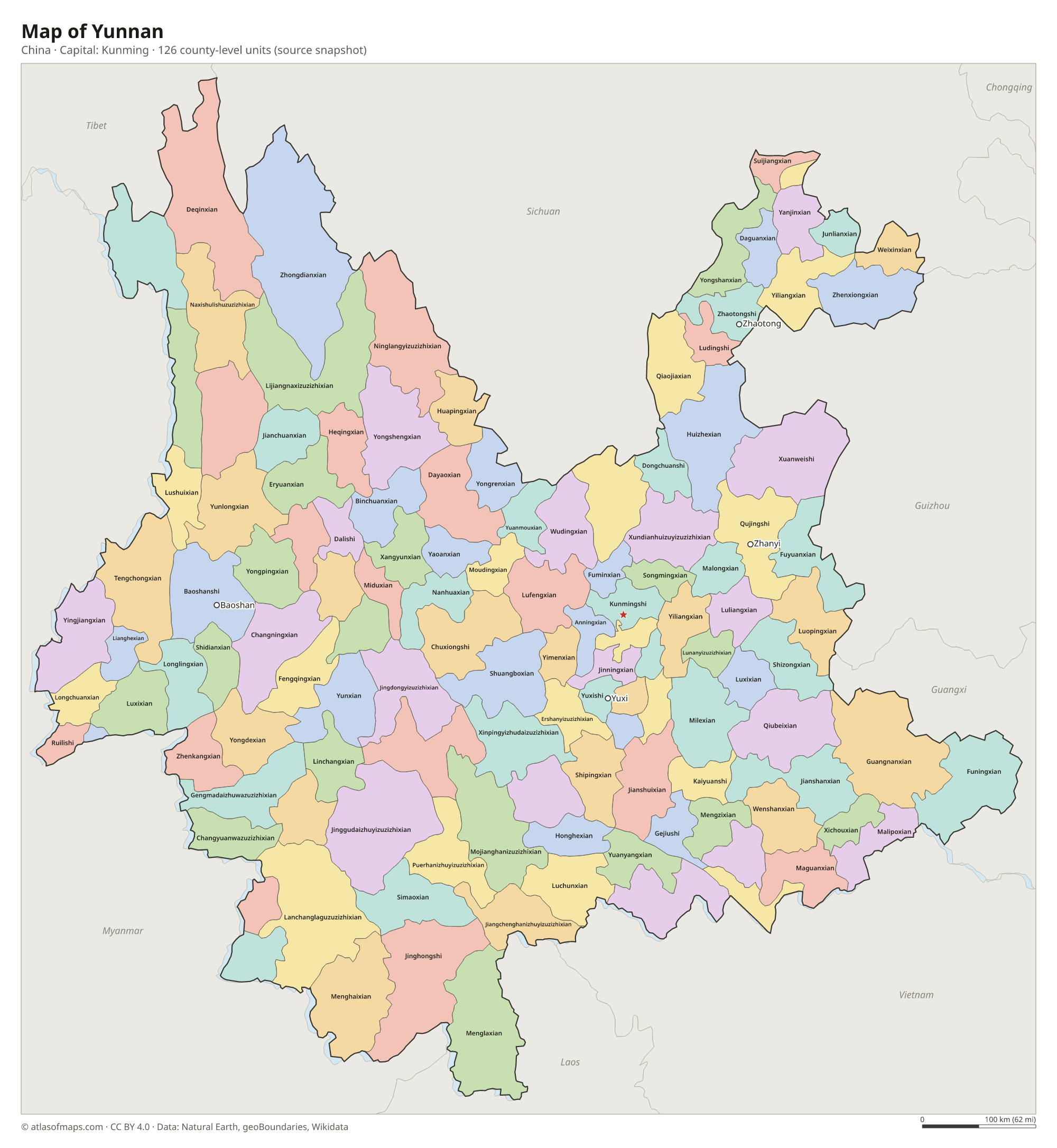 Map of Yunnan with the capital Kunming, cities and county-level units