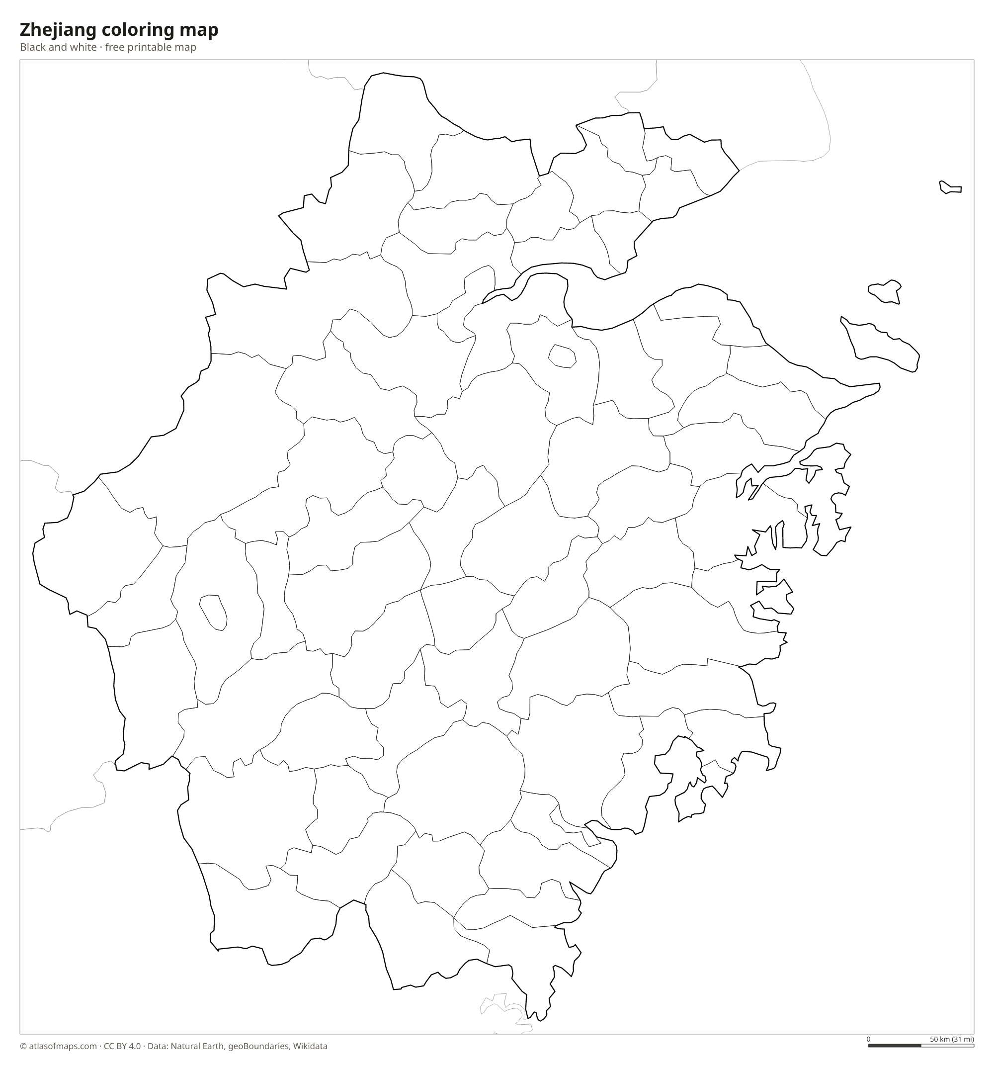 Black-and-white coloring map of Zhejiang