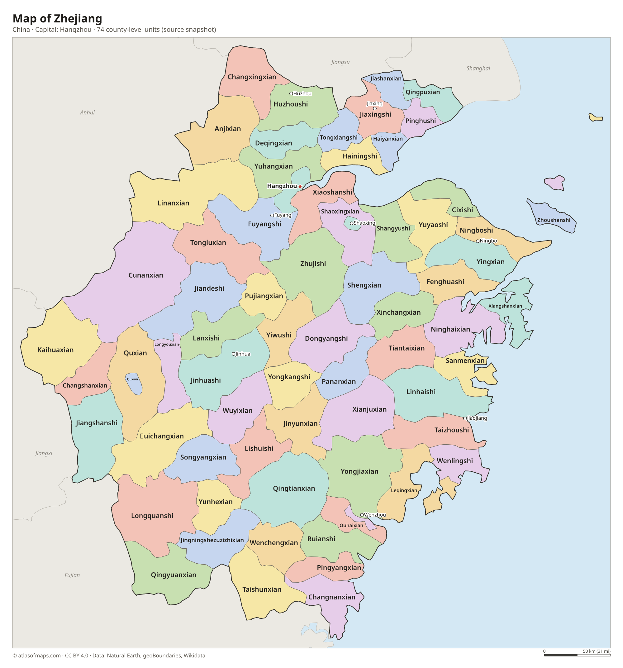Map of Zhejiang with the capital Hangzhou, cities and county-level units