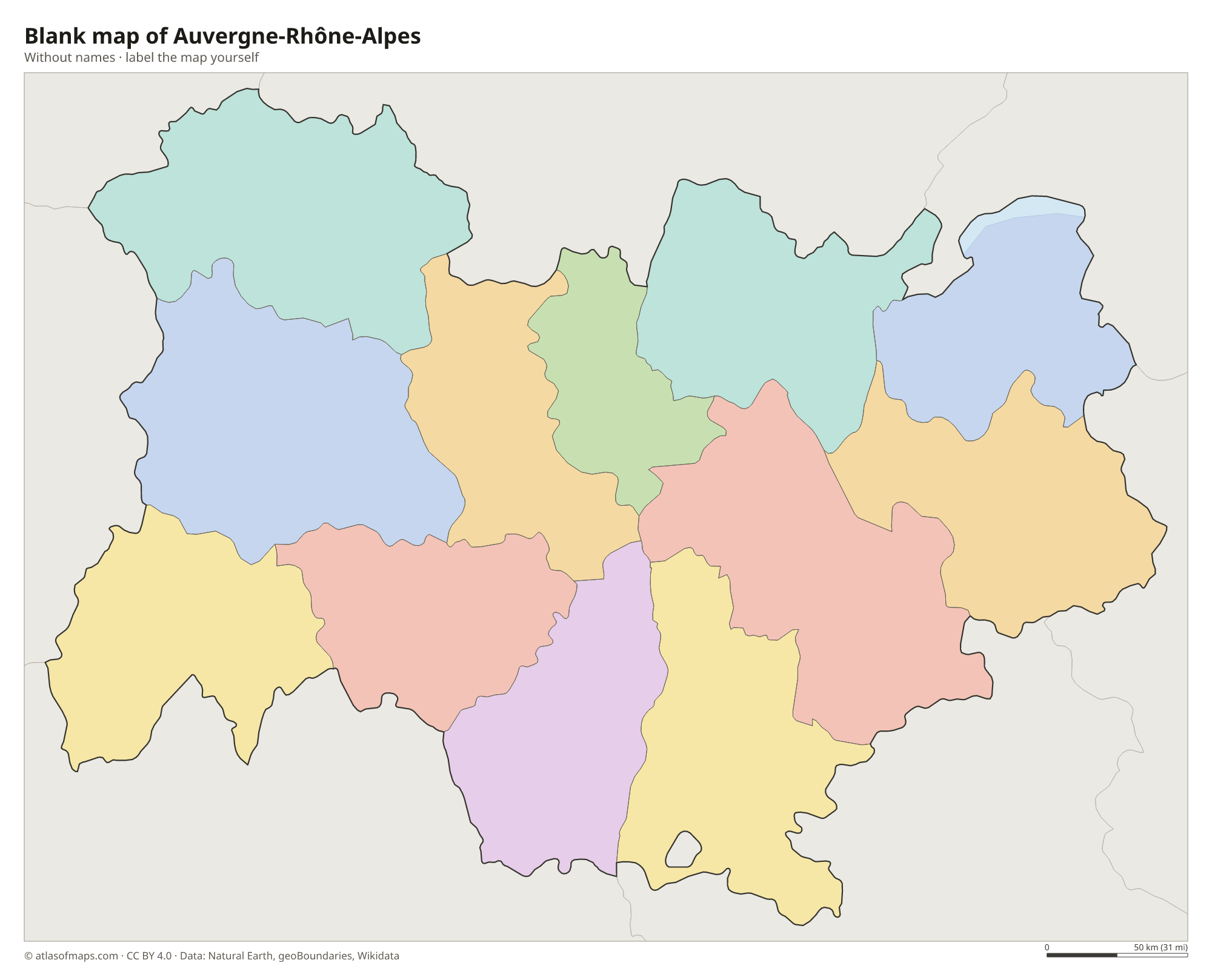 Blank map of Auvergne-Rhône-Alpes without names