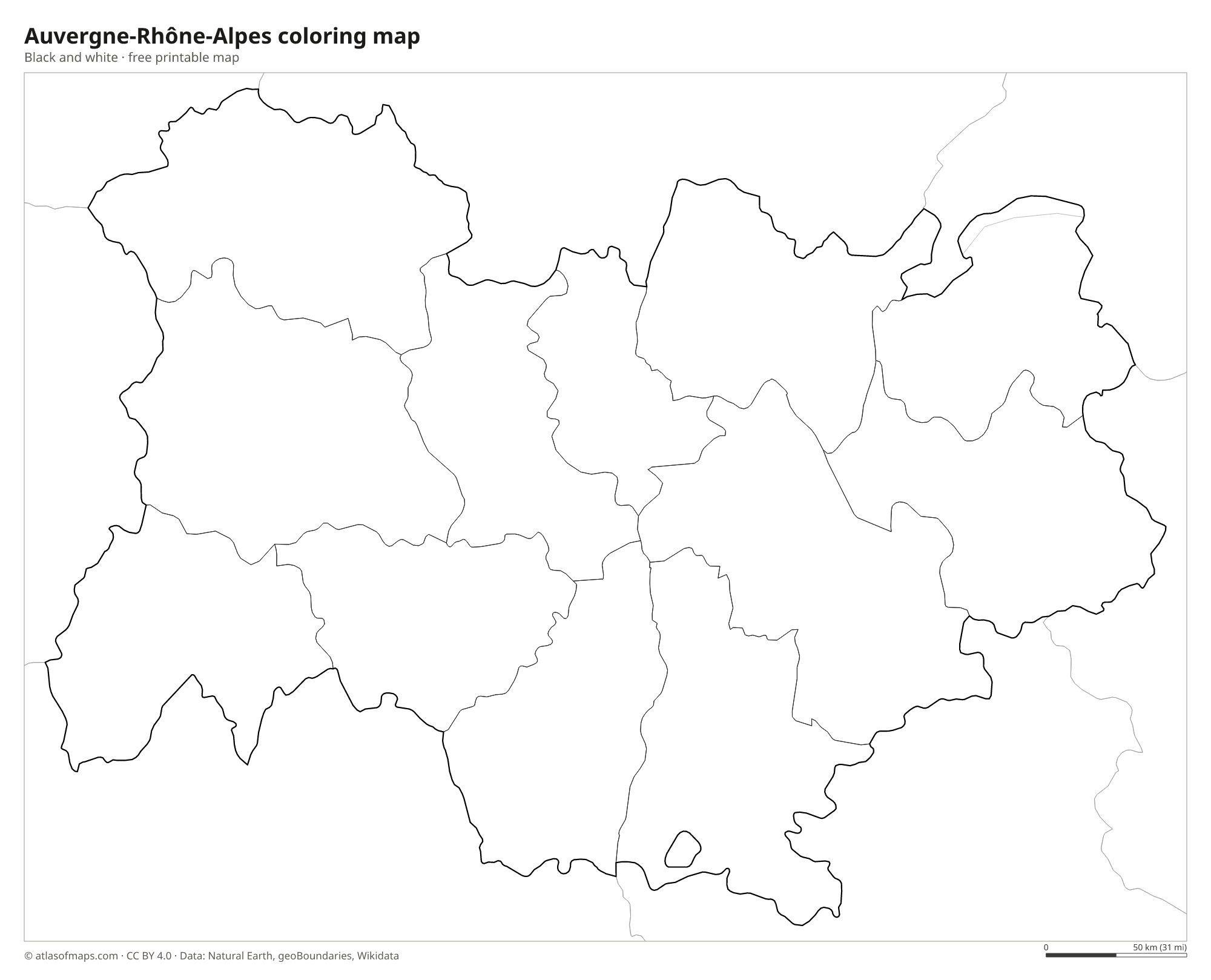 Black-and-white coloring map of Auvergne-Rhône-Alpes