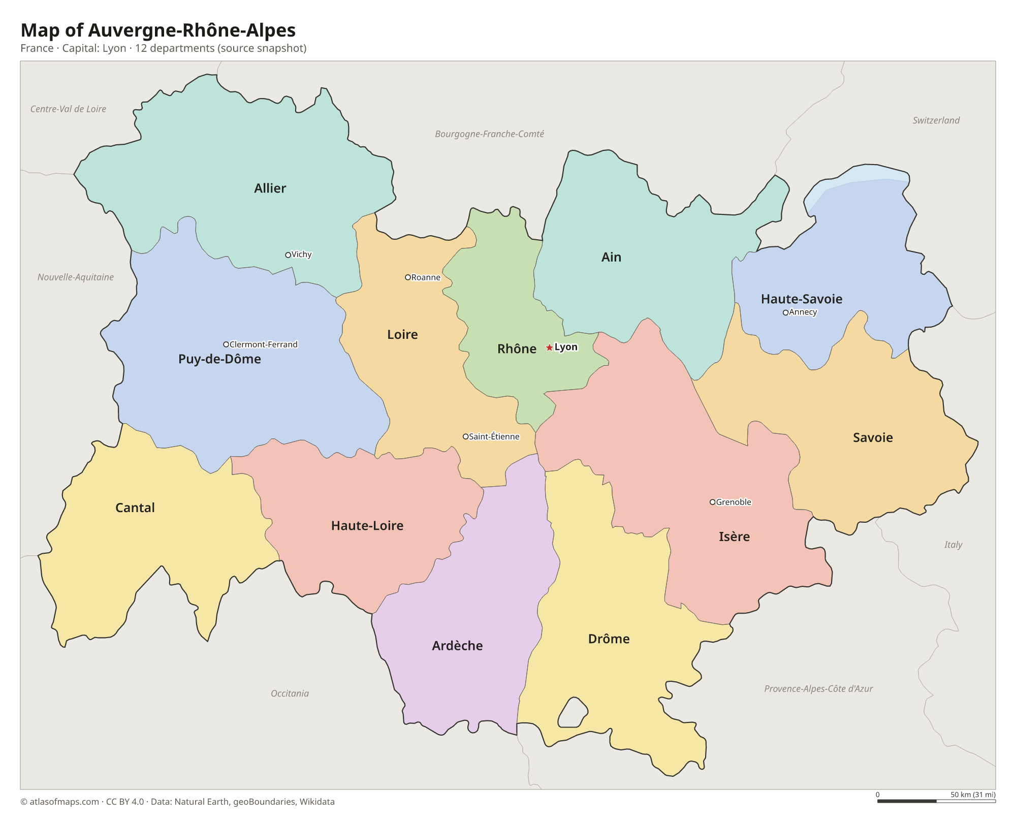 Map of Auvergne-Rhône-Alpes with the capital Lyon, cities and departments