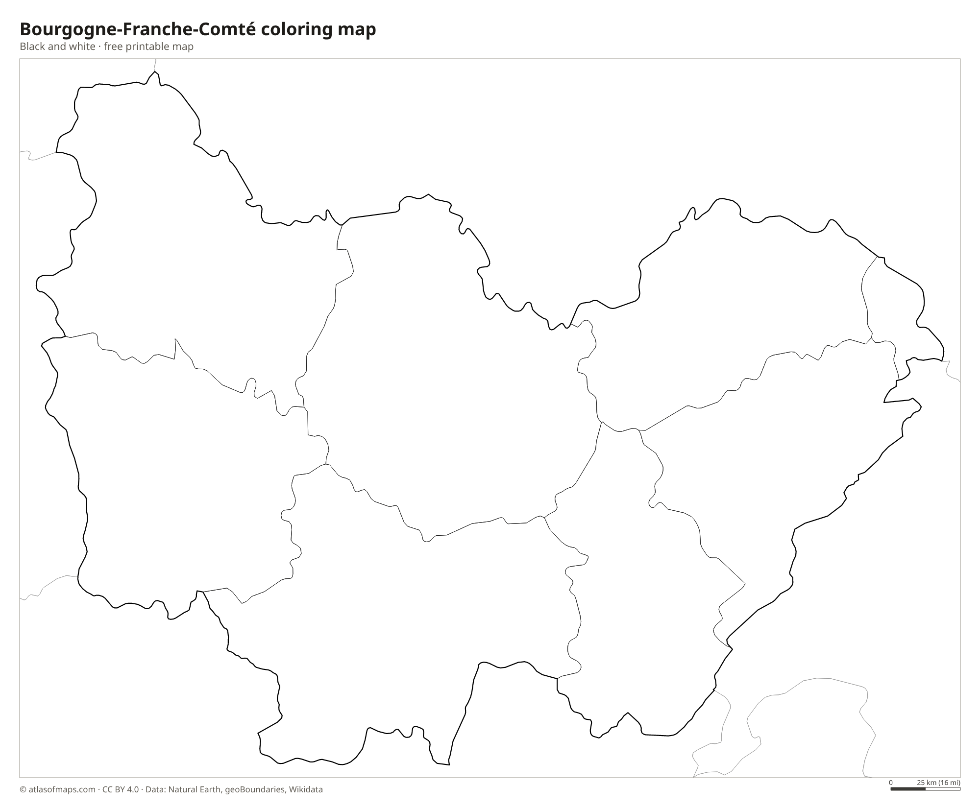 Black-and-white coloring map of Bourgogne-Franche-Comté