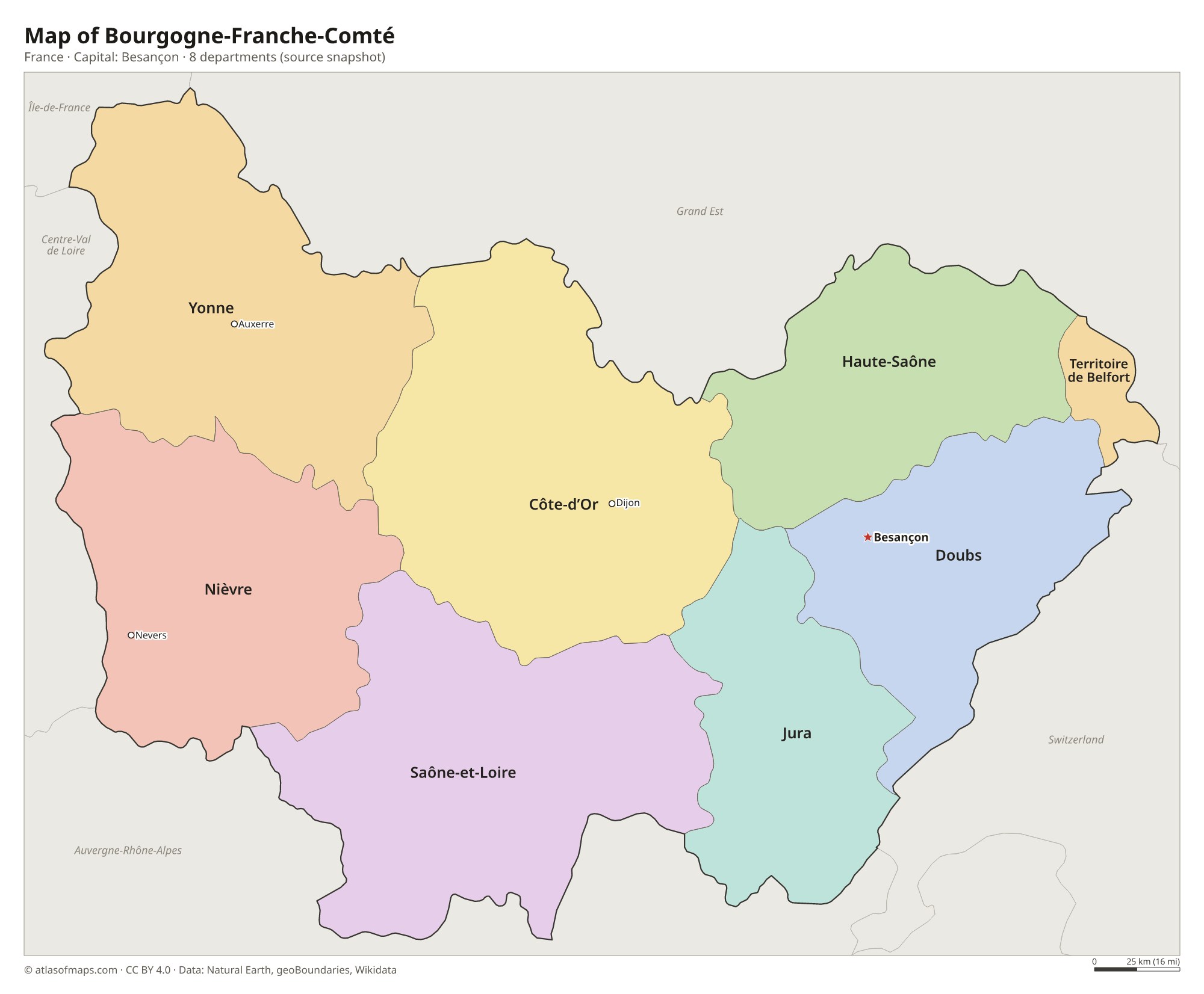 Map of Bourgogne-Franche-Comté with the capital Besançon, cities and departments