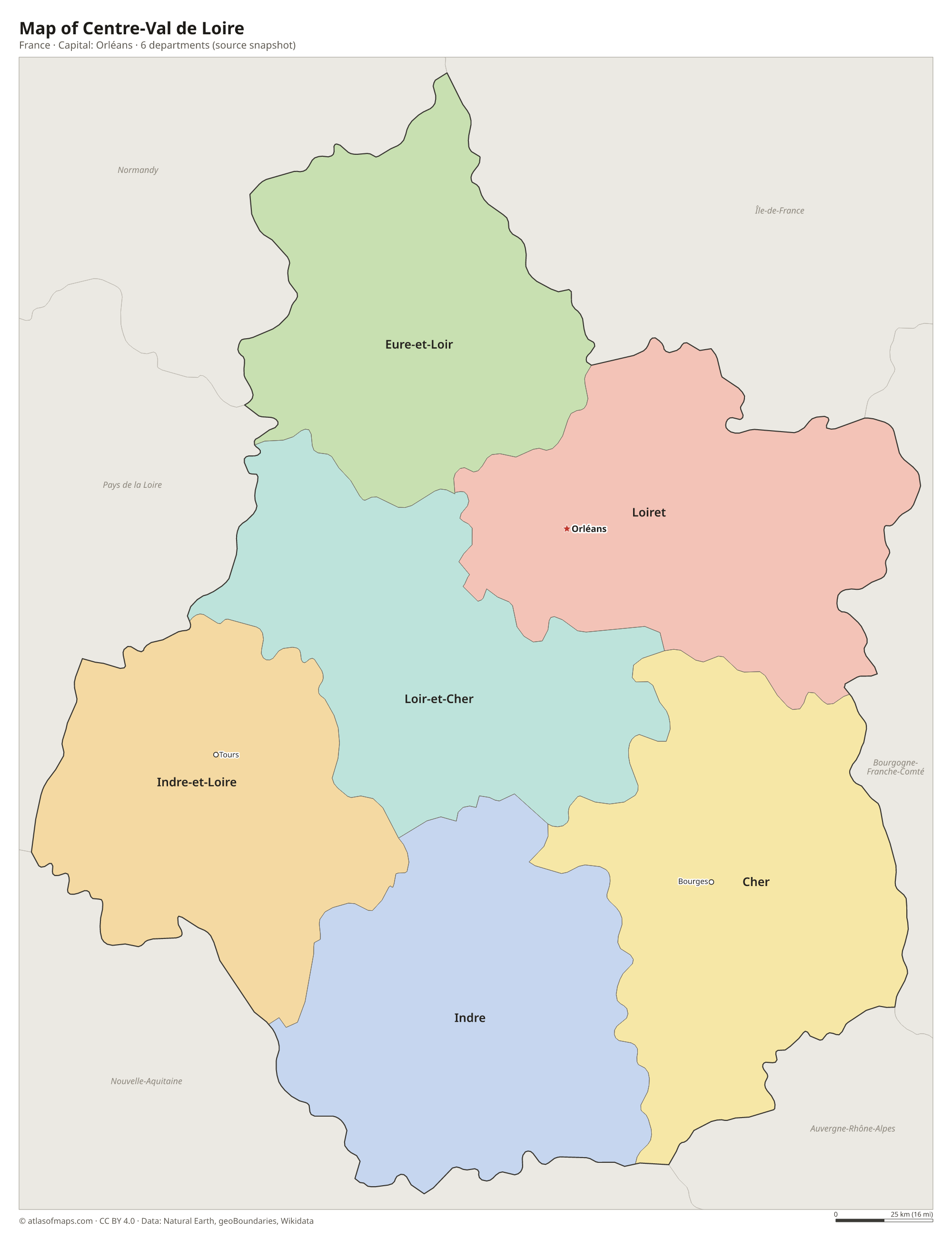 Map of Centre-Val de Loire with the capital Orléans, cities and departments