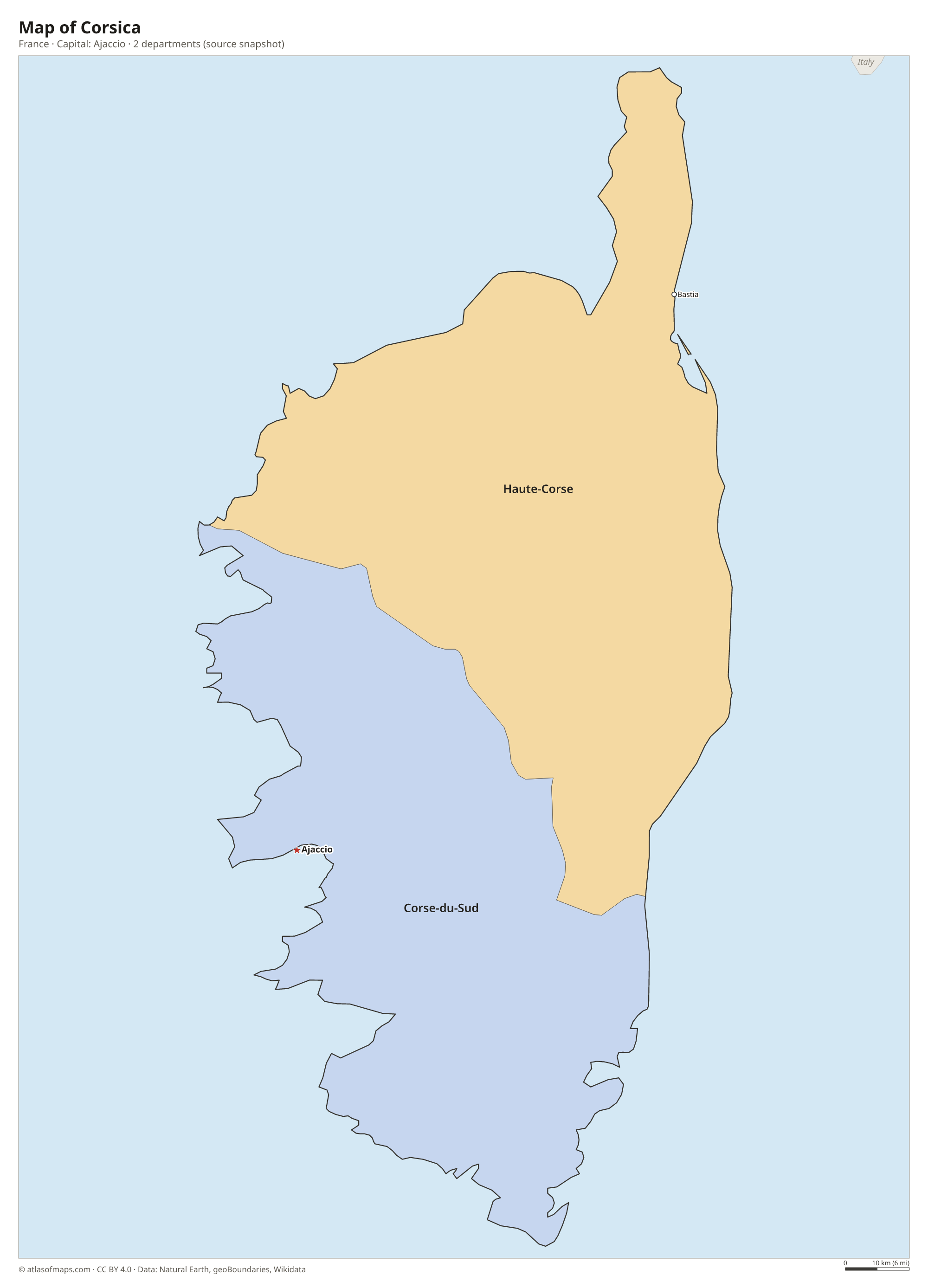 Map of Corsica with the capital Ajaccio, cities and departments