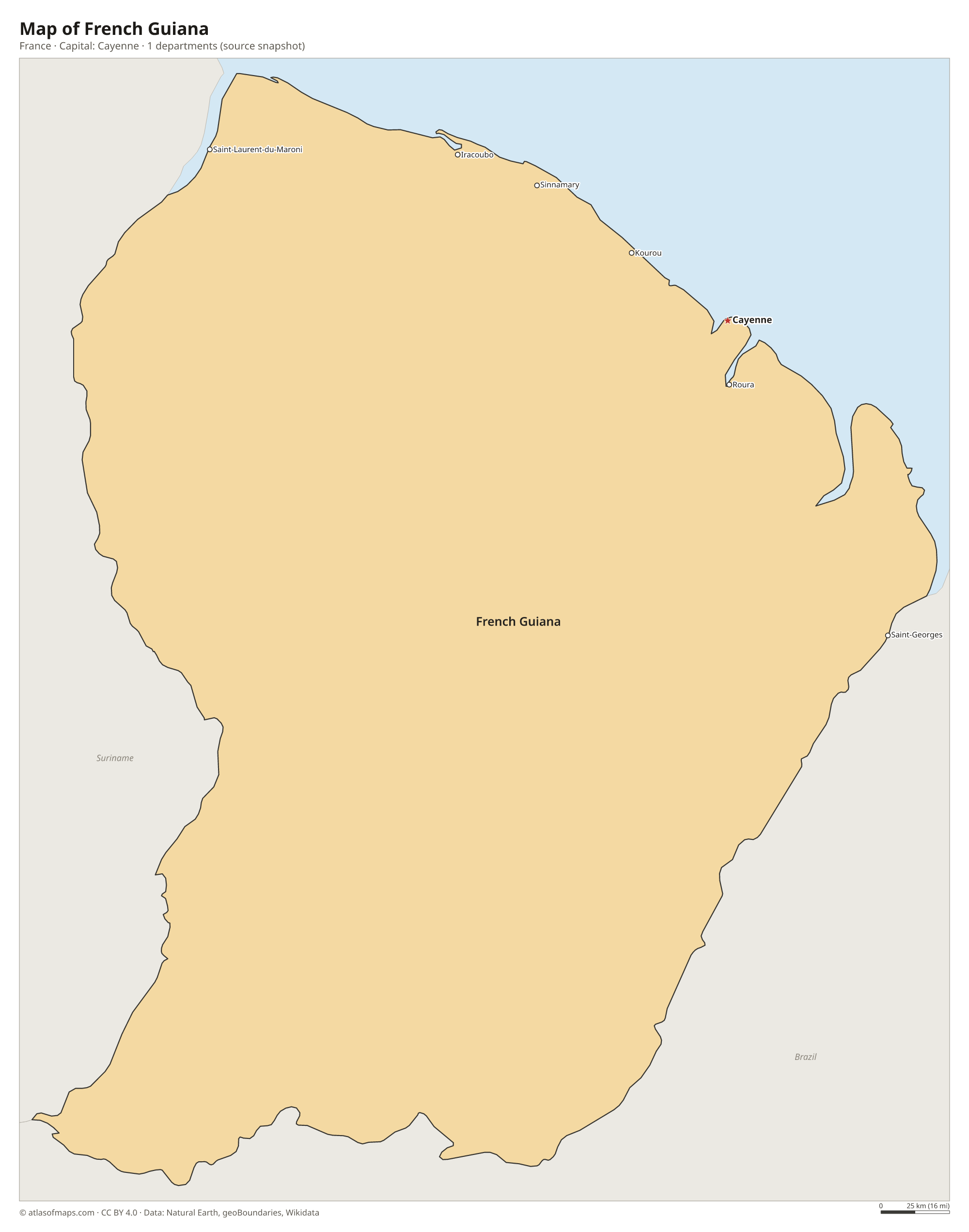 Map of French Guiana with the capital Cayenne, cities and departments