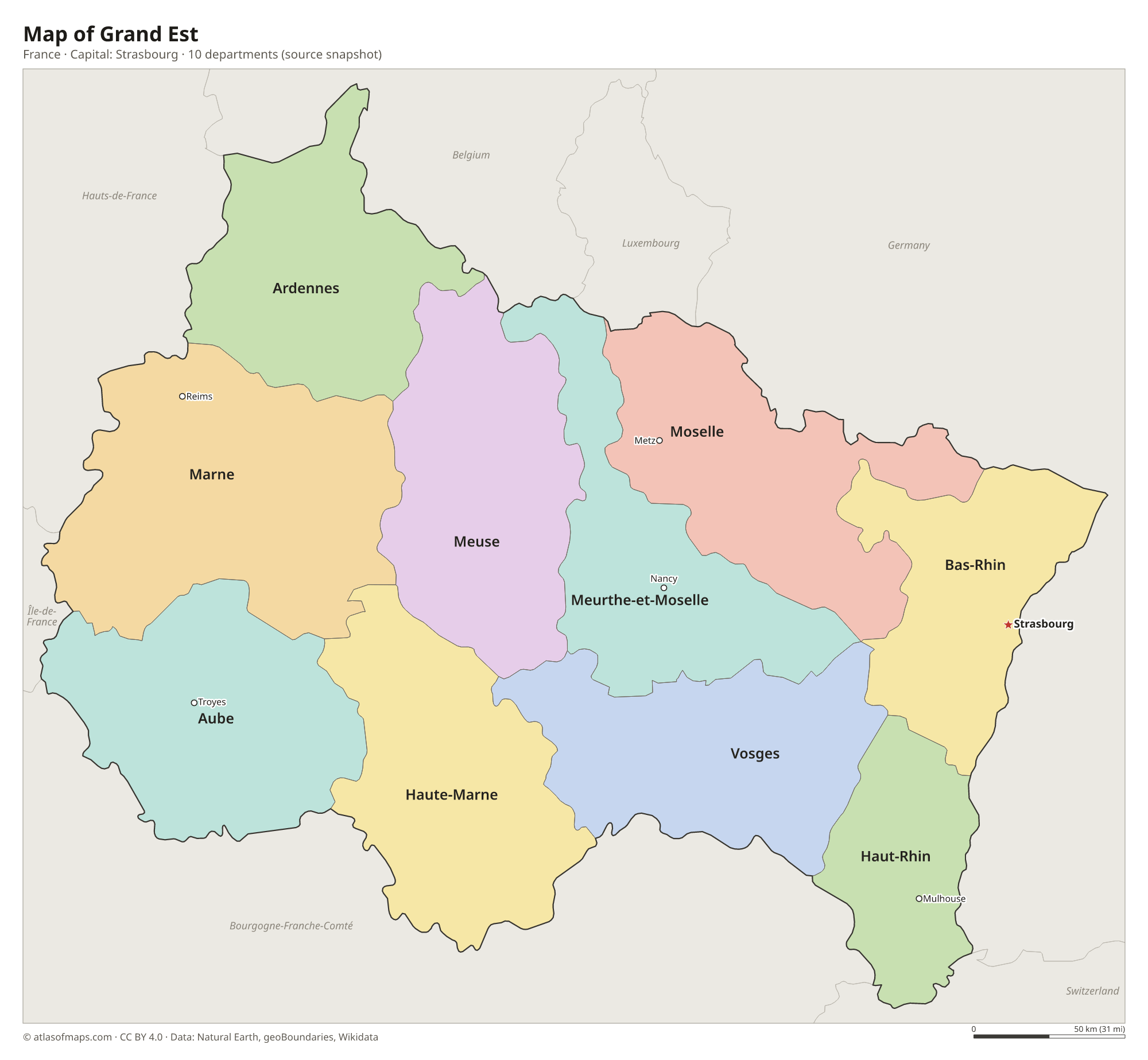 Map of Grand Est with the capital Strasbourg, cities and departments