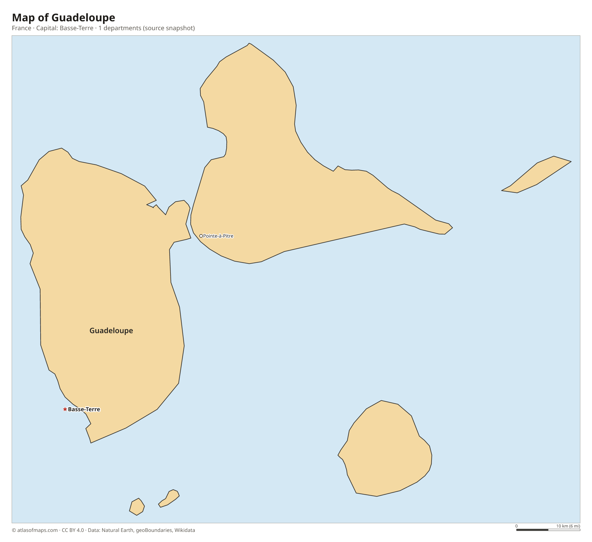 Map of Guadeloupe with the capital Basse-Terre, cities and departments