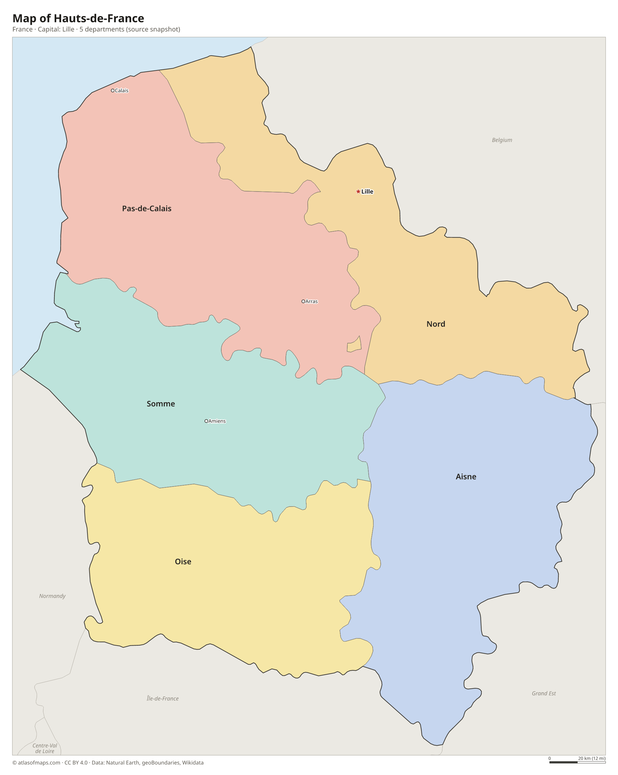 Map of Hauts-de-France with the capital Lille, cities and departments