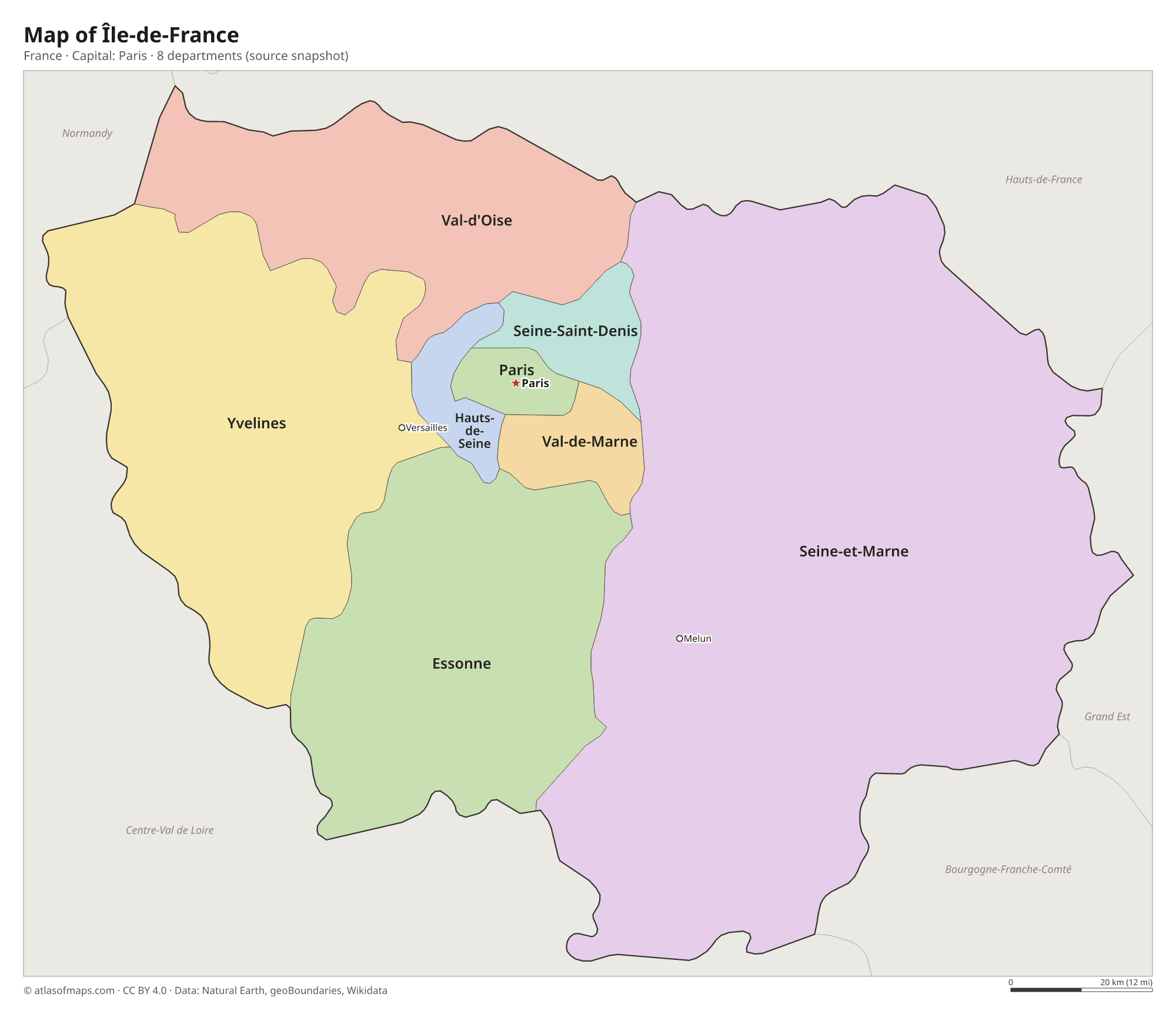 Map of Île-de-France with the capital Paris, cities and departments
