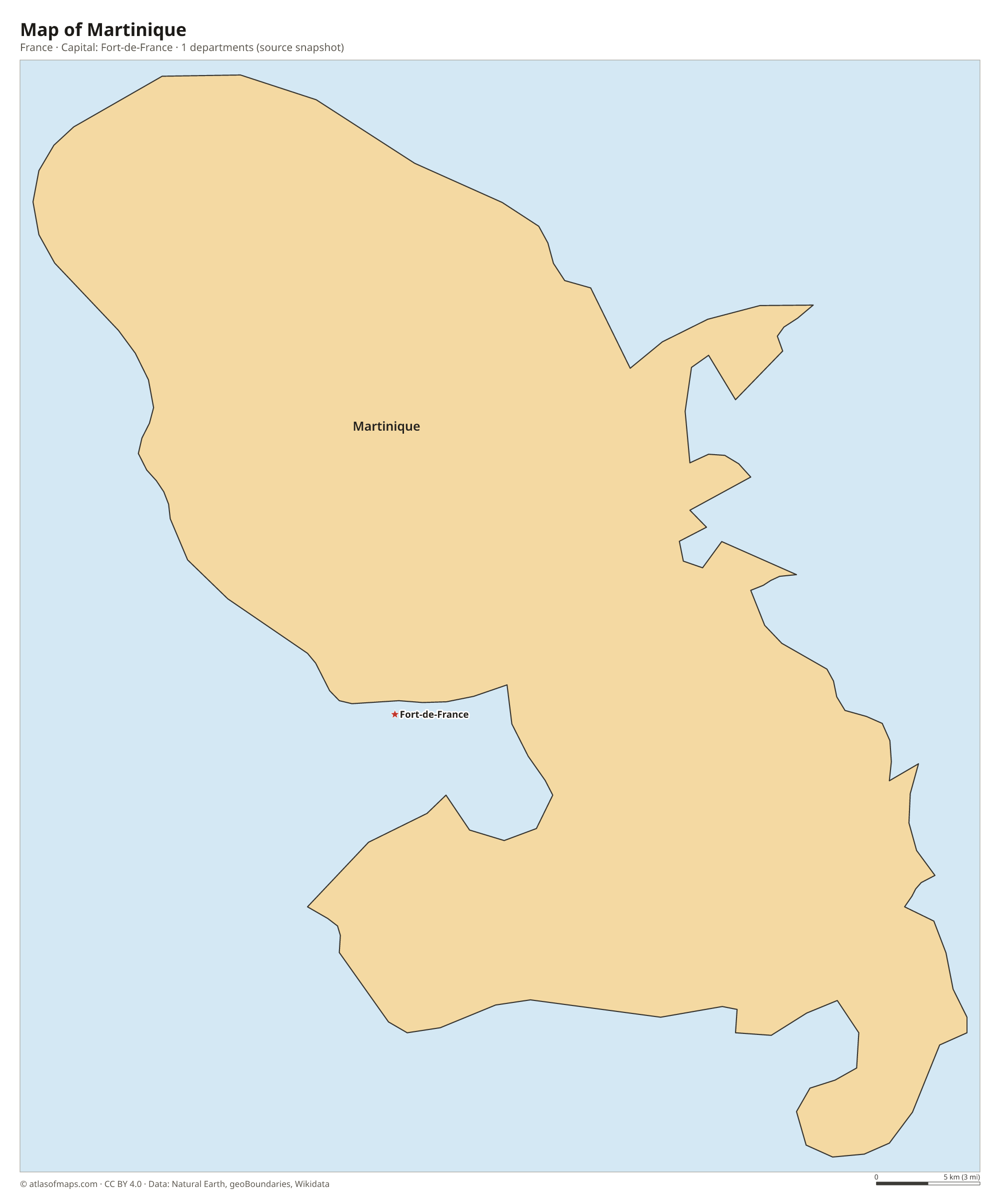 Map of Martinique with the capital Fort-de-France, cities and departments