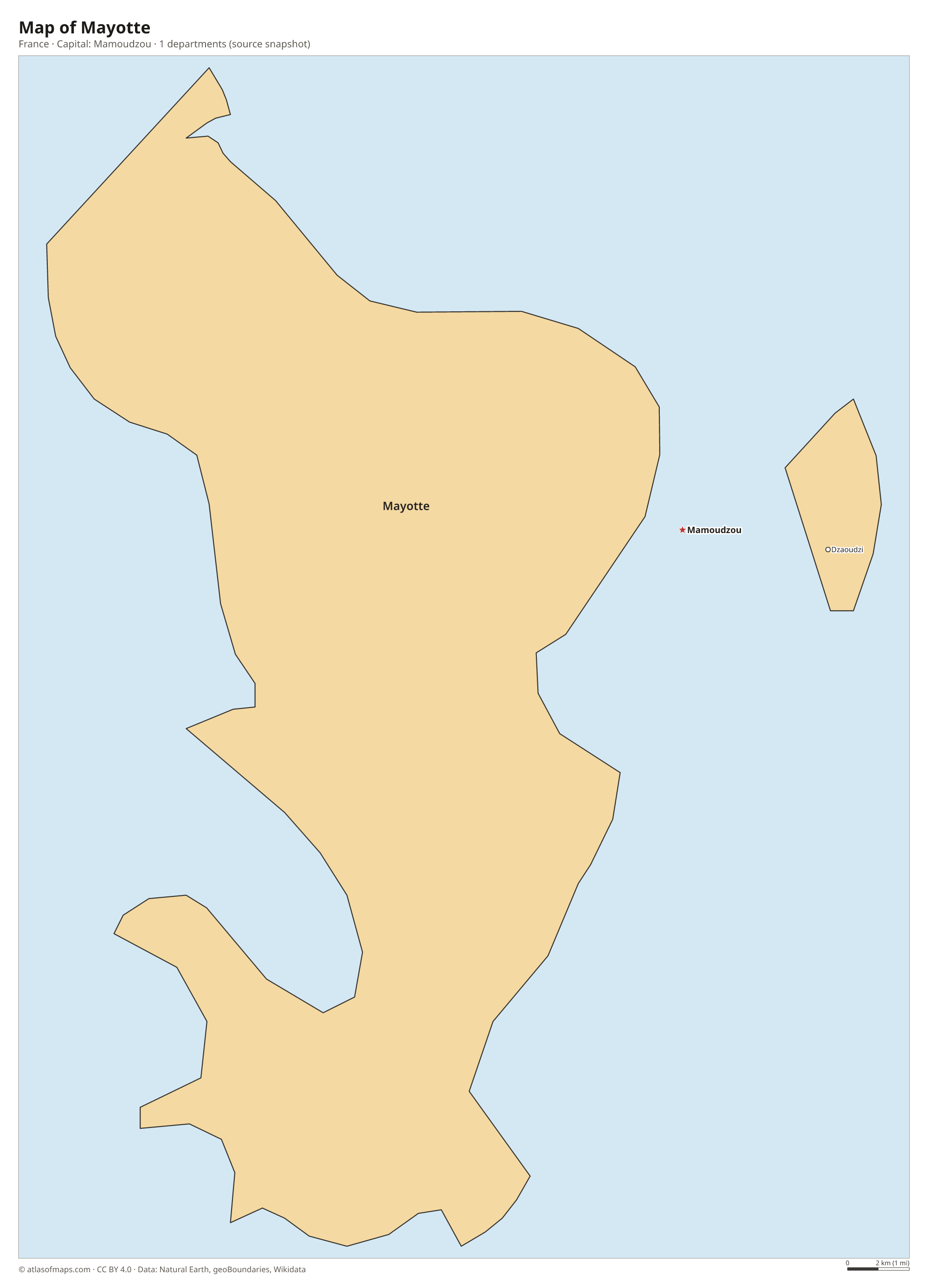 Map of Mayotte with the capital Mamoudzou, cities and departments