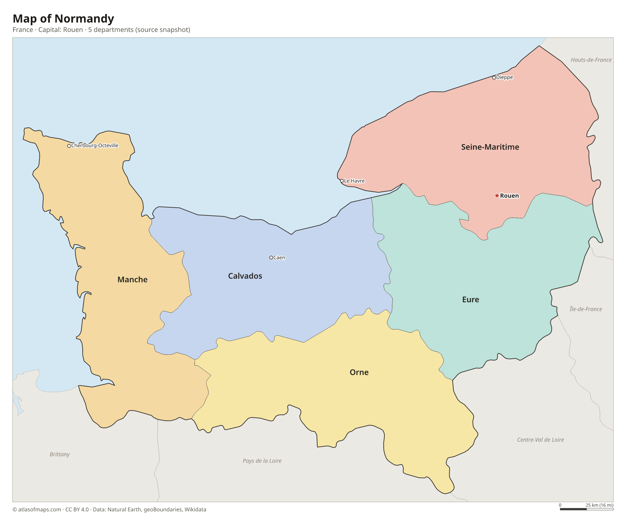 Map of Normandy with the capital Rouen, cities and departments