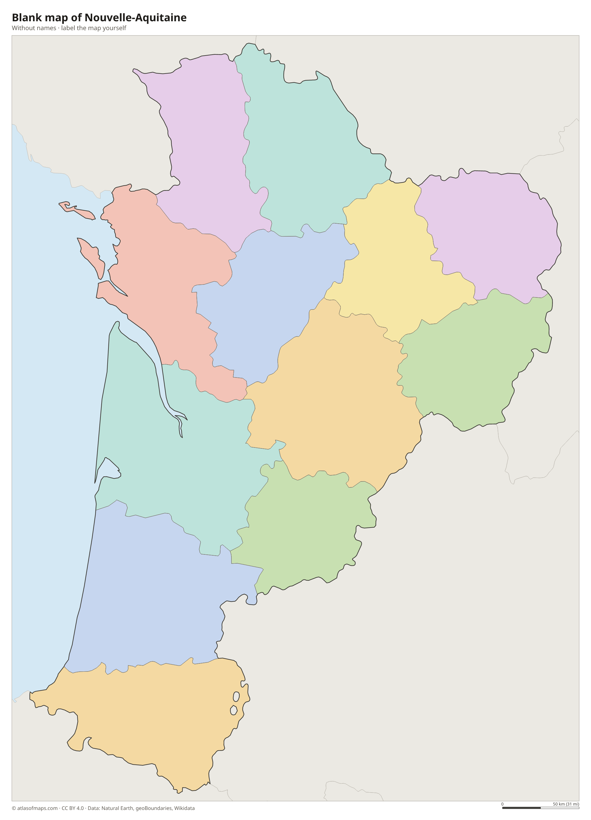 Blank map of Nouvelle-Aquitaine without names