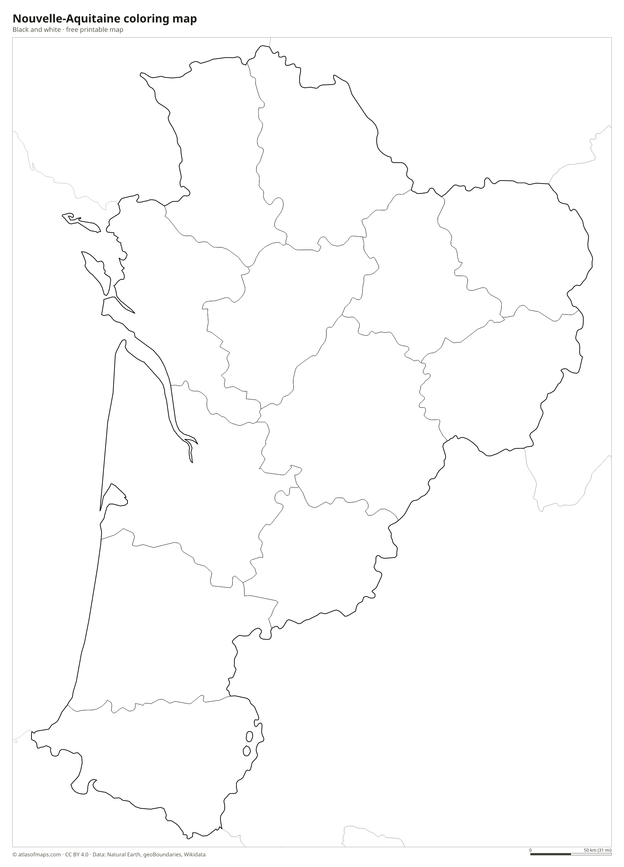 Black-and-white coloring map of Nouvelle-Aquitaine