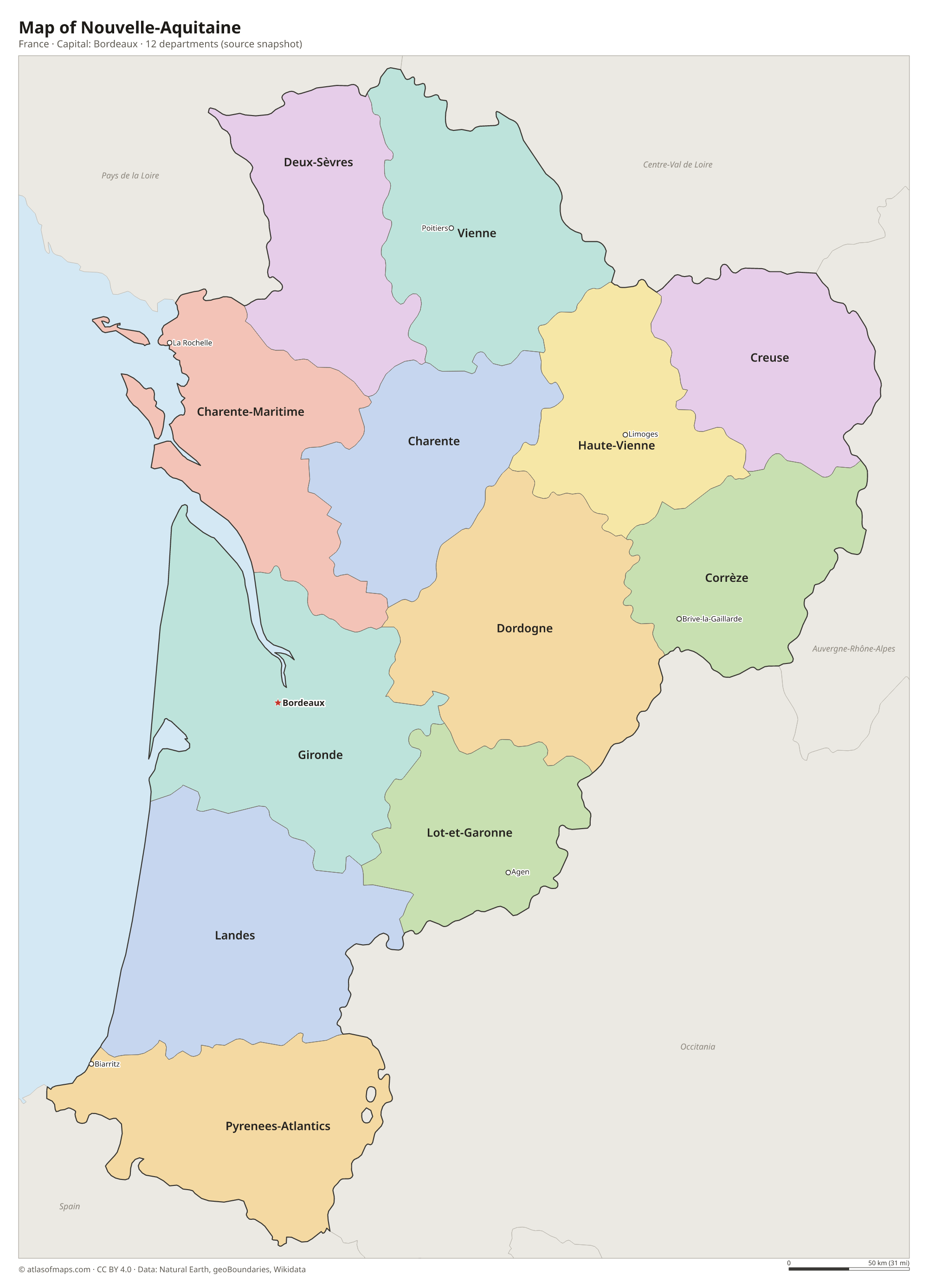 Map of Nouvelle-Aquitaine with the capital Bordeaux, cities and departments