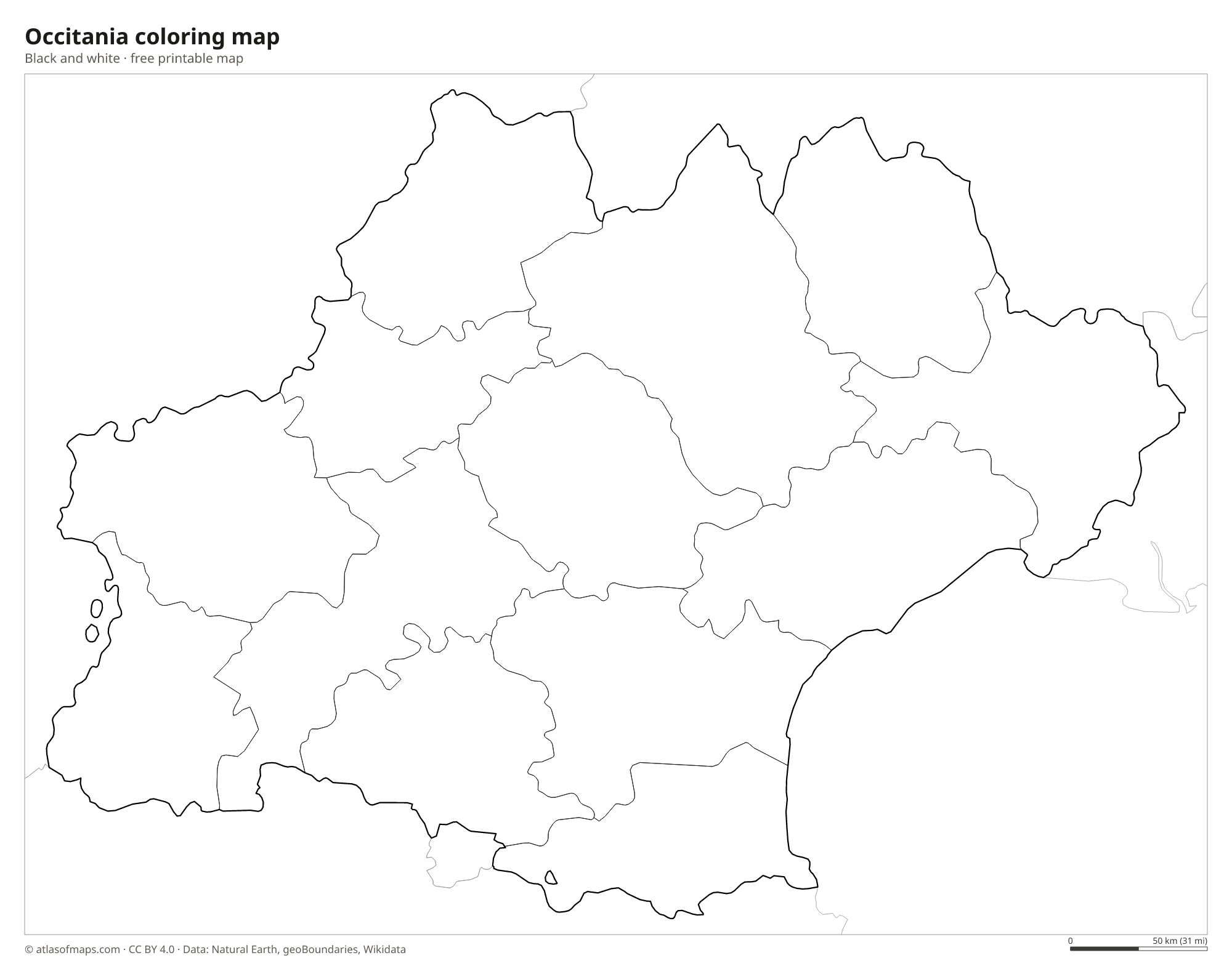 Black-and-white coloring map of Occitania
