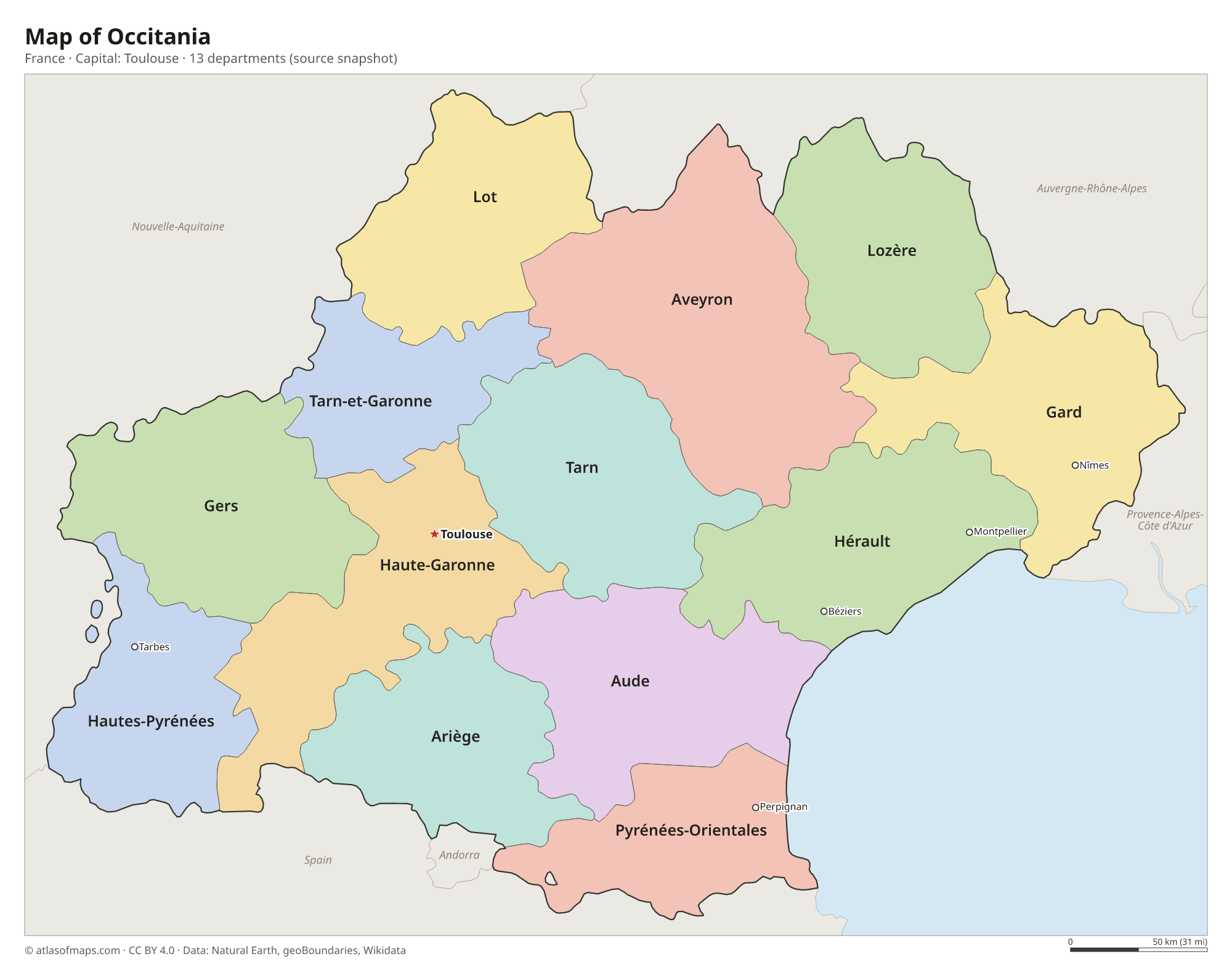 Map of Occitania with the capital Toulouse, cities and departments